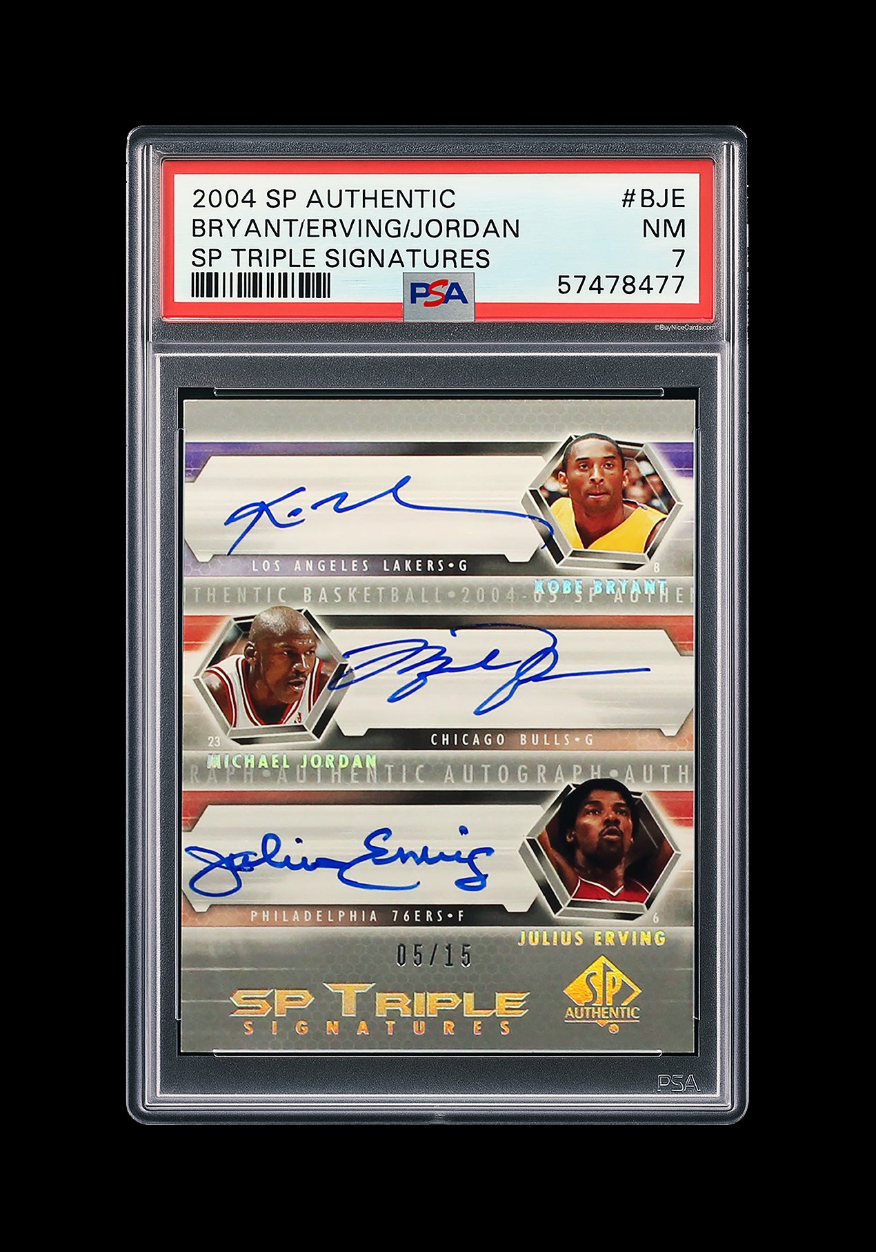 2004 Michael Jordan Kobe Bryant Julius Erving Dr. J UD SP Authentic Triple Auto /15 #BJE PSA 7