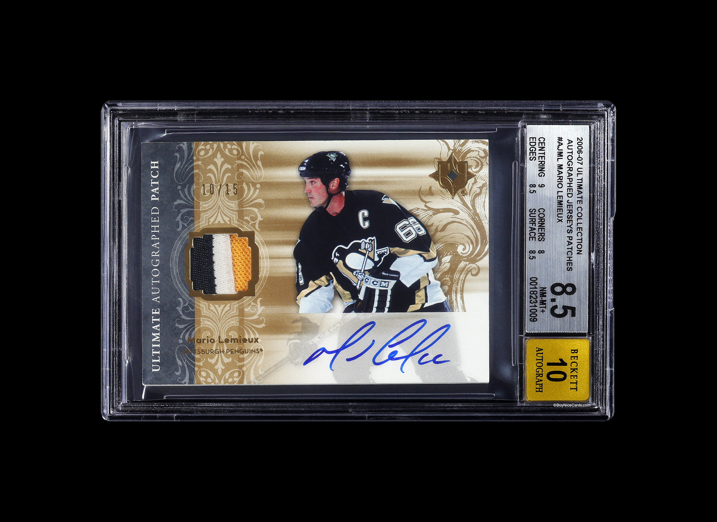 2006-07 Mario Lemieux Upper Deck Ultimate Collection Jersey Patch Auto /25 #AJML BGS 8.5