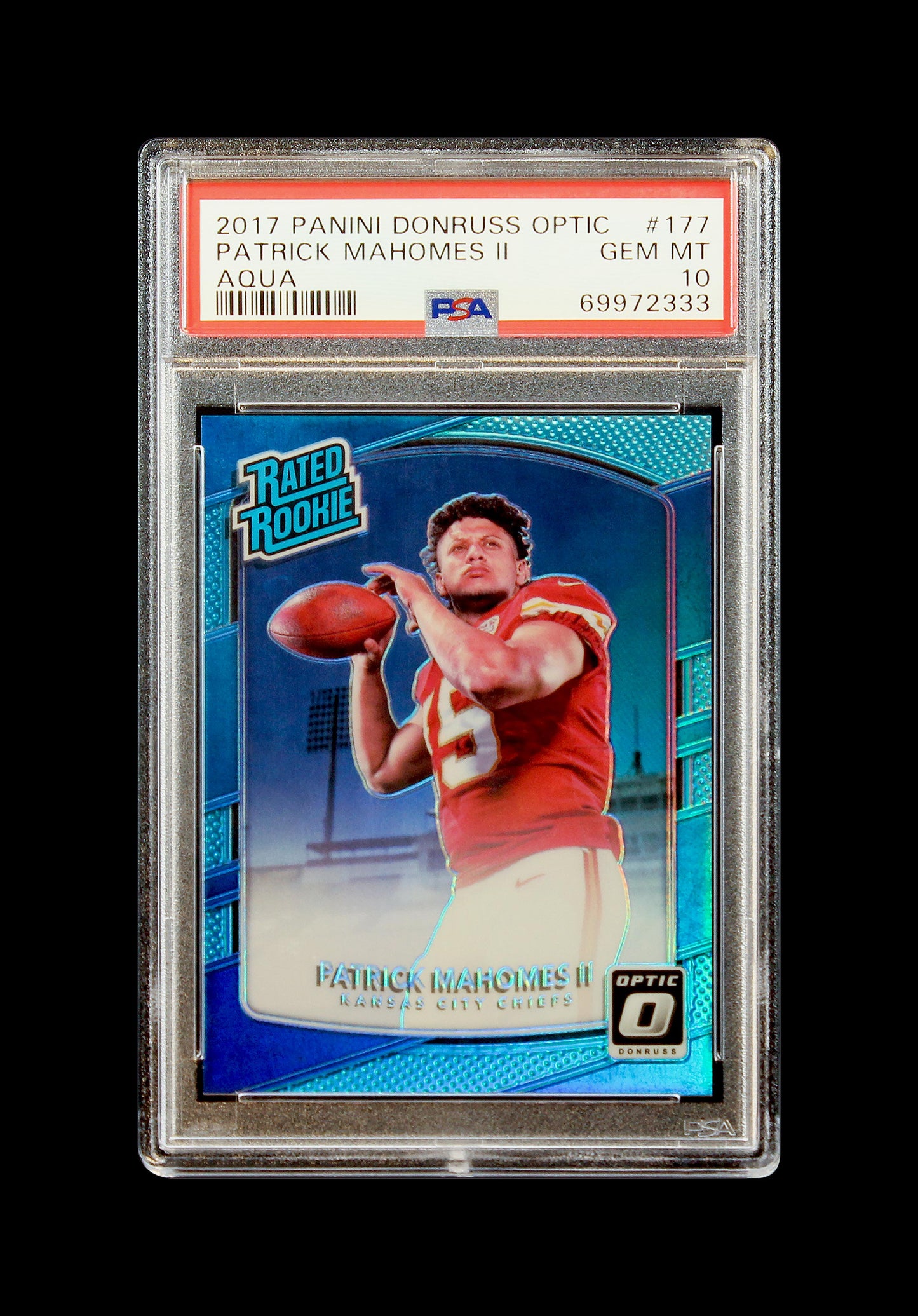2017 Patrick Mahomes II Panini Donruss Optic Aqua RC Rookie /299 #177 PSA 10