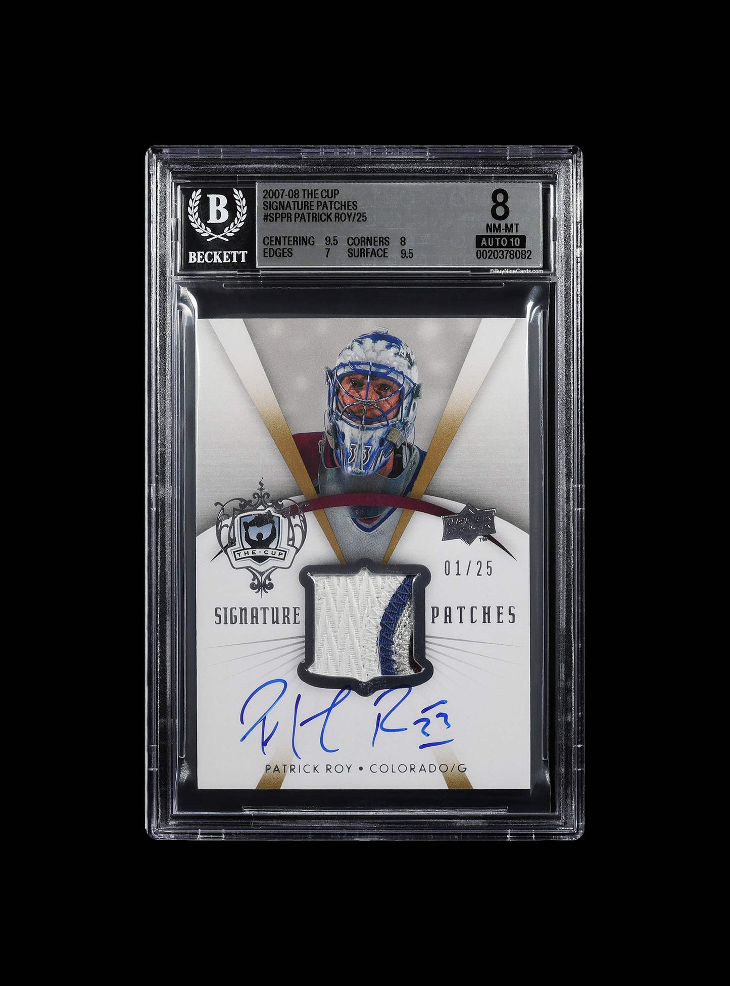 2007-08 Patrick Roy Upper Deck The Cup Signature Patches Auto /25 #SP-PR BGS 8