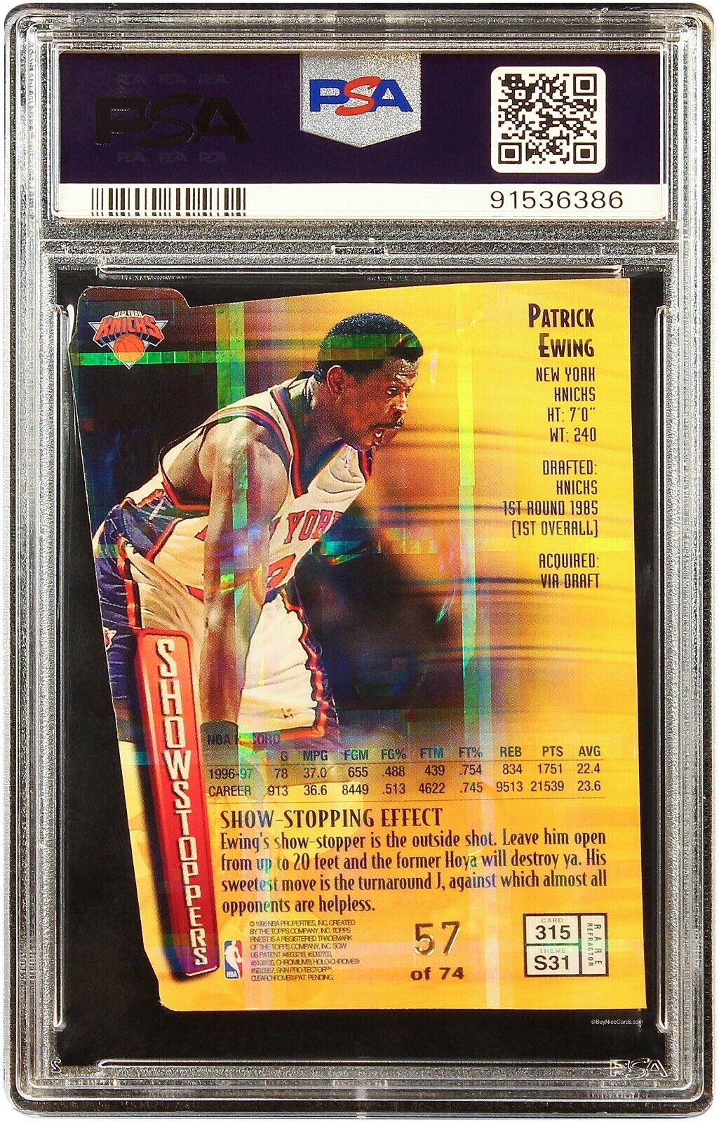 1997 Patrick Ewing Topps Finest Embossed Refractor /74 #315 PSA 8 Pop 5, 2 above