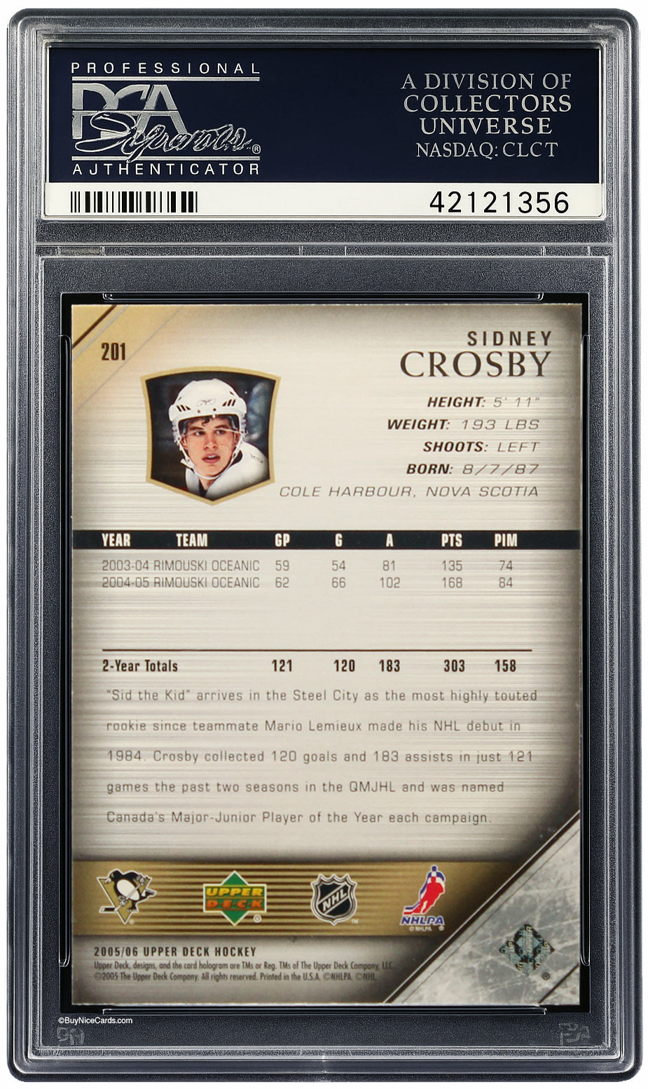 2005 Sidney Crosby Upper Deck Young Guns RC Rookie #201 PSA 10 Gem Mint