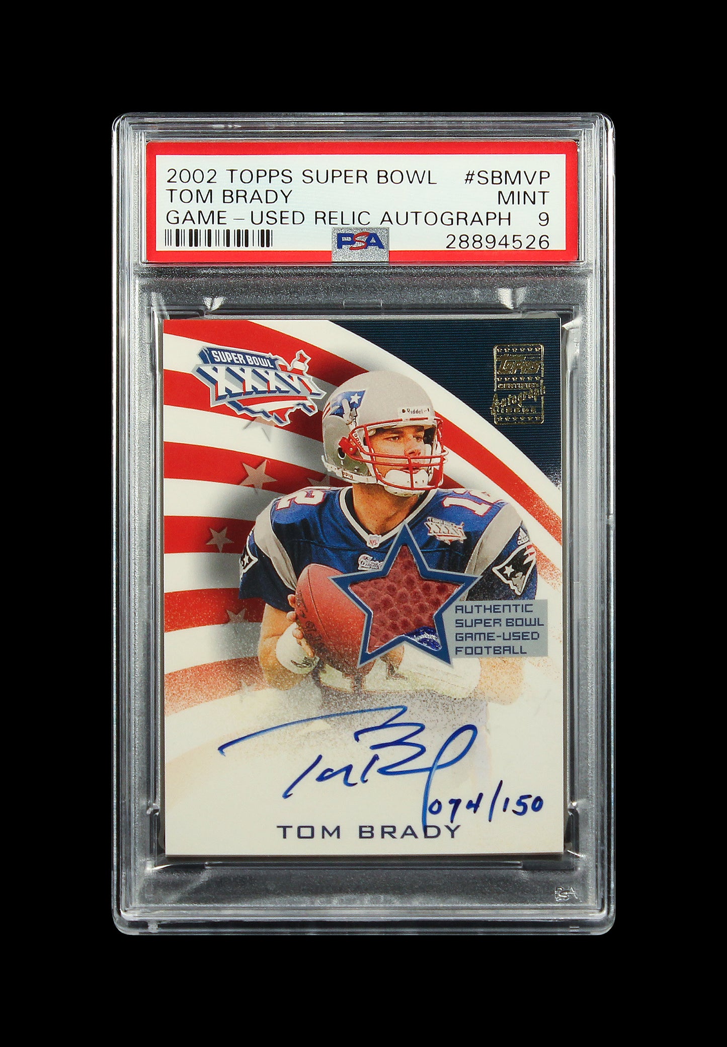 2002 Tom Brady Topps Super Bowl Game Used Relic SP Auto /150 #SBMVP PSA 9 Mint Pop 3 with 1 Higher