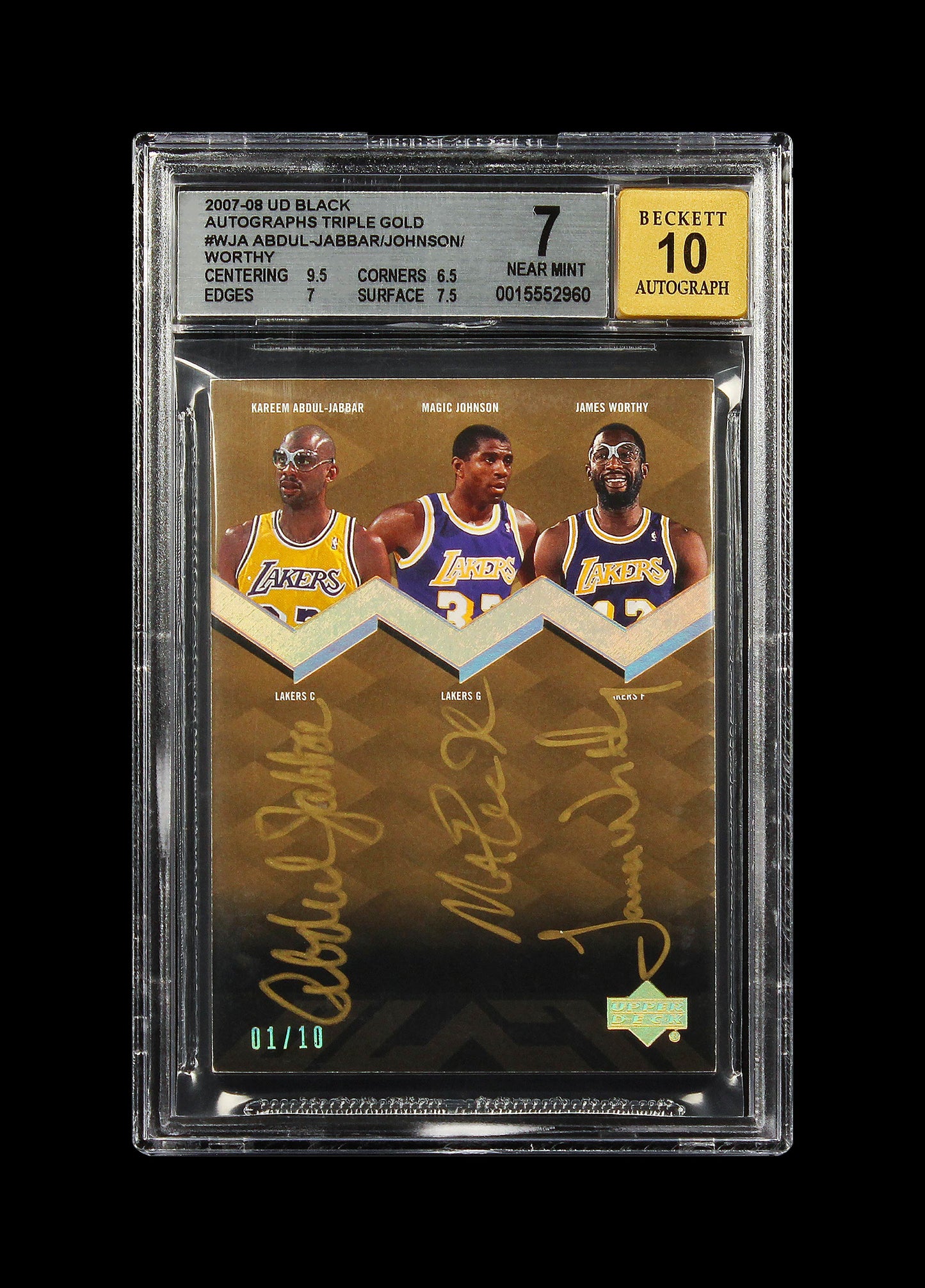 2007-08 Magic Johnson - Kareem Abdul-Jabbar - James Worth Upper Deck UD Black Gold Triple Auto /10 BGS 7 / 10