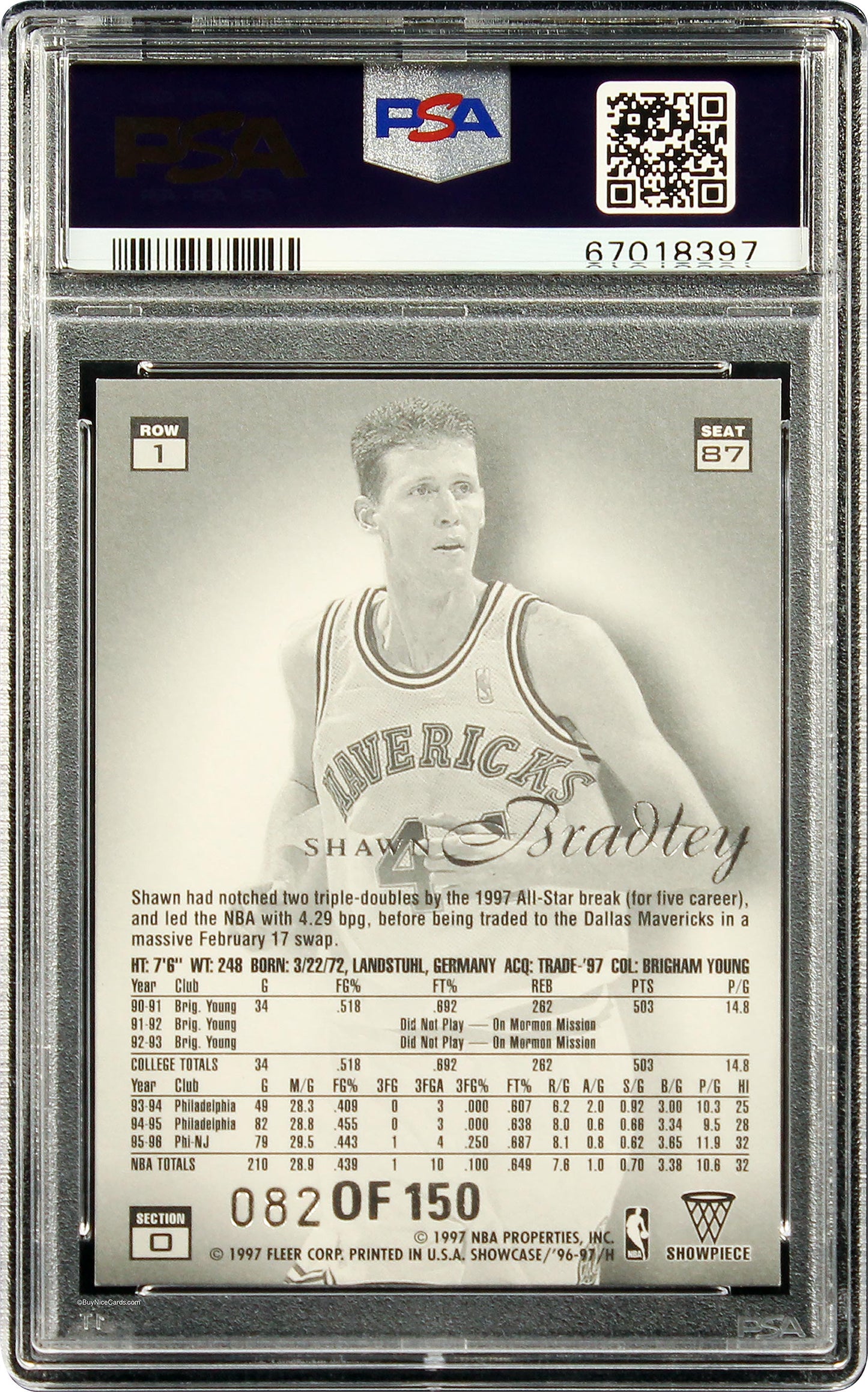 1996 Shawn Bradley Flair Showcase Legacy Collection Row 1 /150 #87 PSA 8