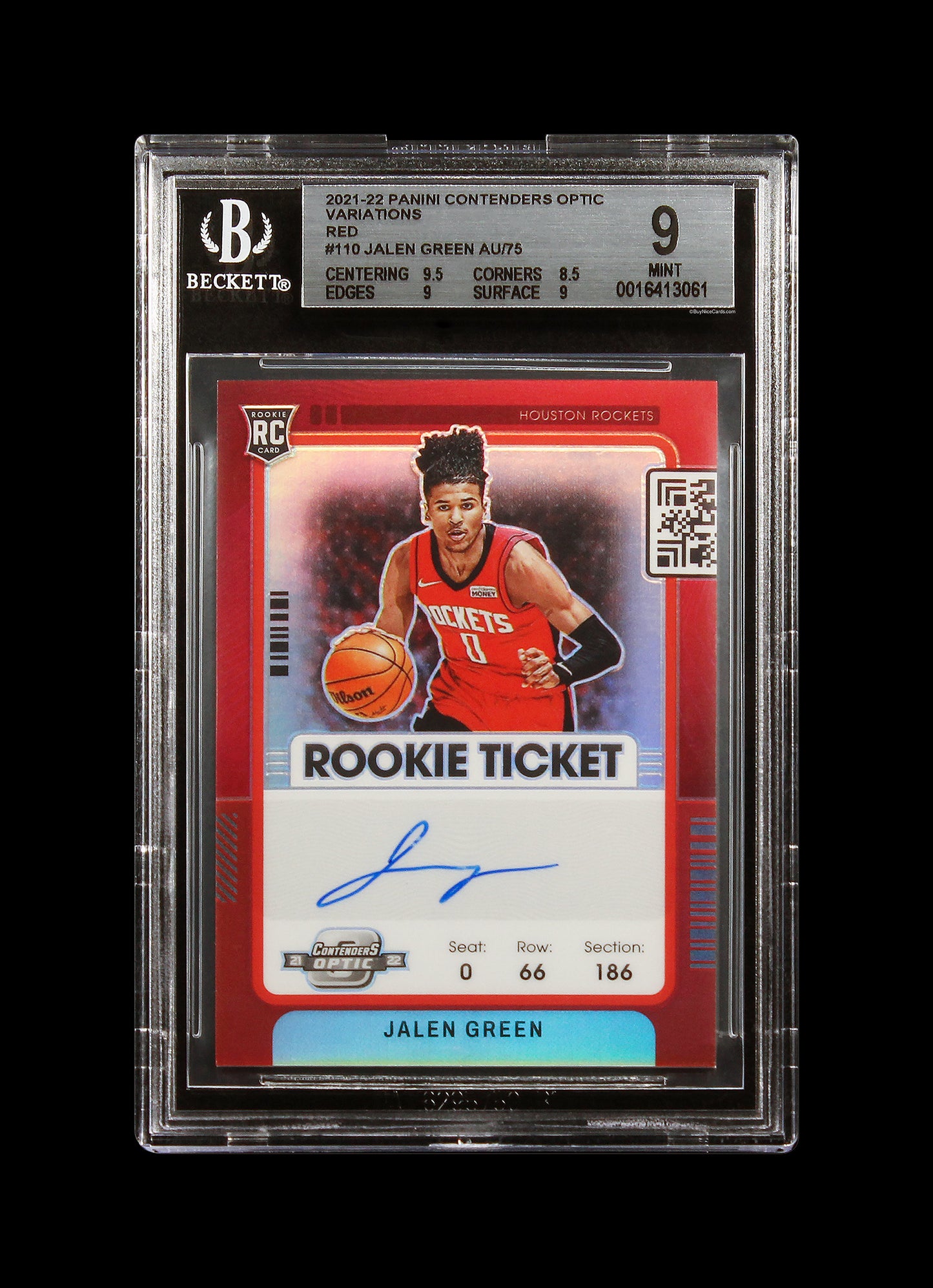 2021-22 Jalen Green Panini Contenders Optic Red Rc Rookie Auto /75 #110 Bgs 9