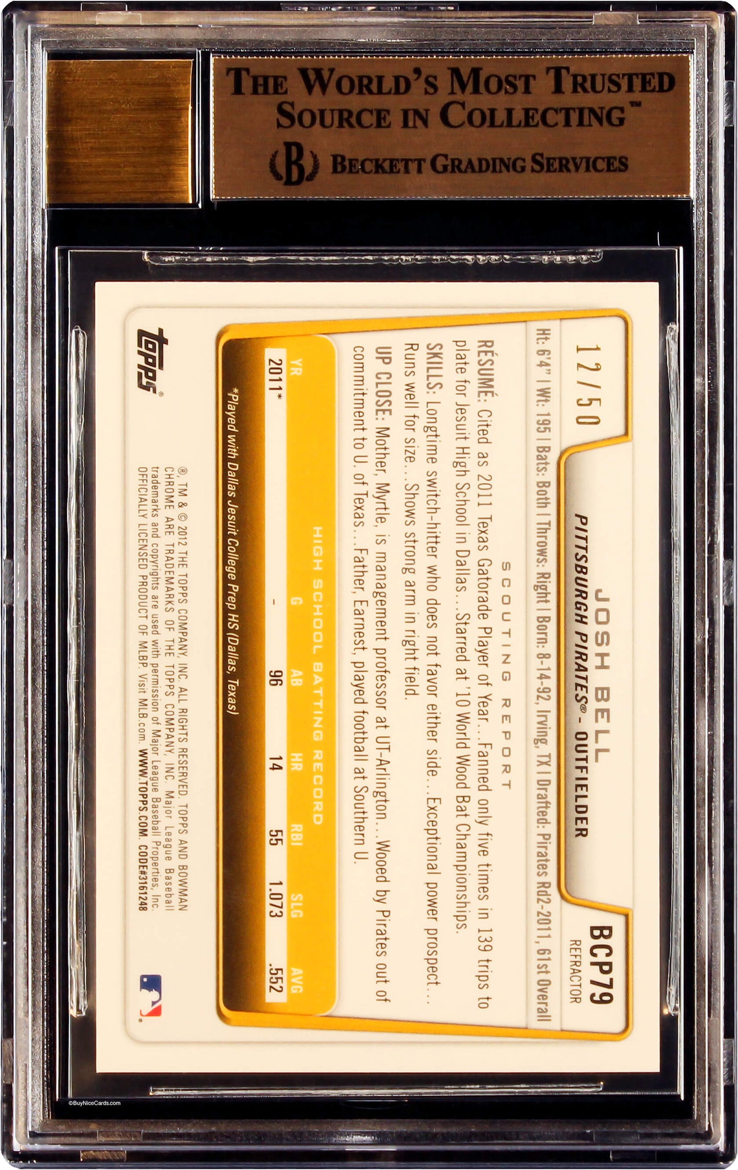 2012 Josh Bell Bowman Chrome Gold Refractor Sp Rc Rookie /50 Bgs 9.5 / 10 Gem Mt