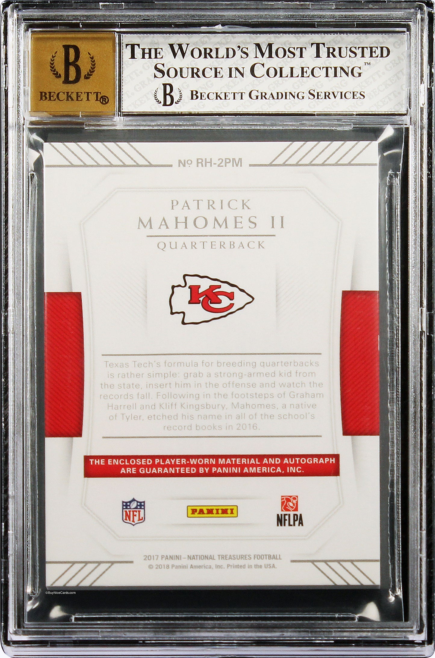 2017 Patrick Mahomes Panini National Treasures Rookie Hats Off NFL Shield Auto /3 #5 BGS 8