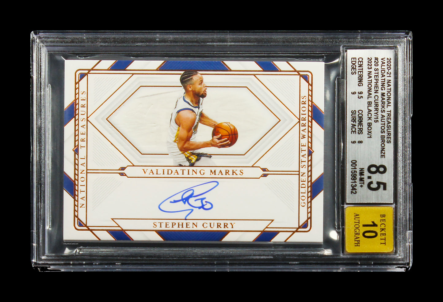 2020-21 Stephen Curry Panini National Treasures Black Box 1/1 Auto #20 Bgs 8.5