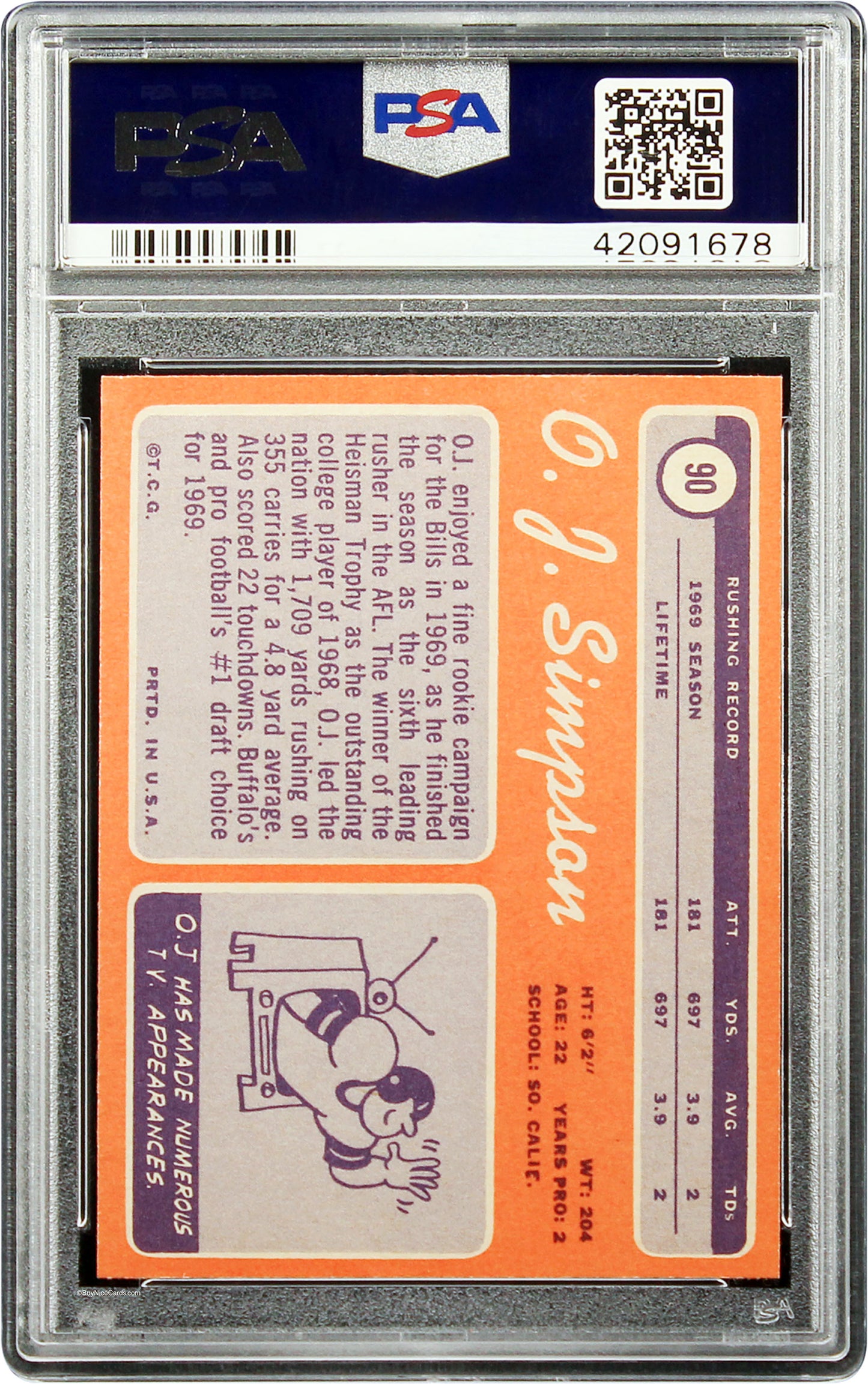 1970 O.j. Simpson Topps Rc Rookie #90 Psa 9 Mint Strong Eye Appeal