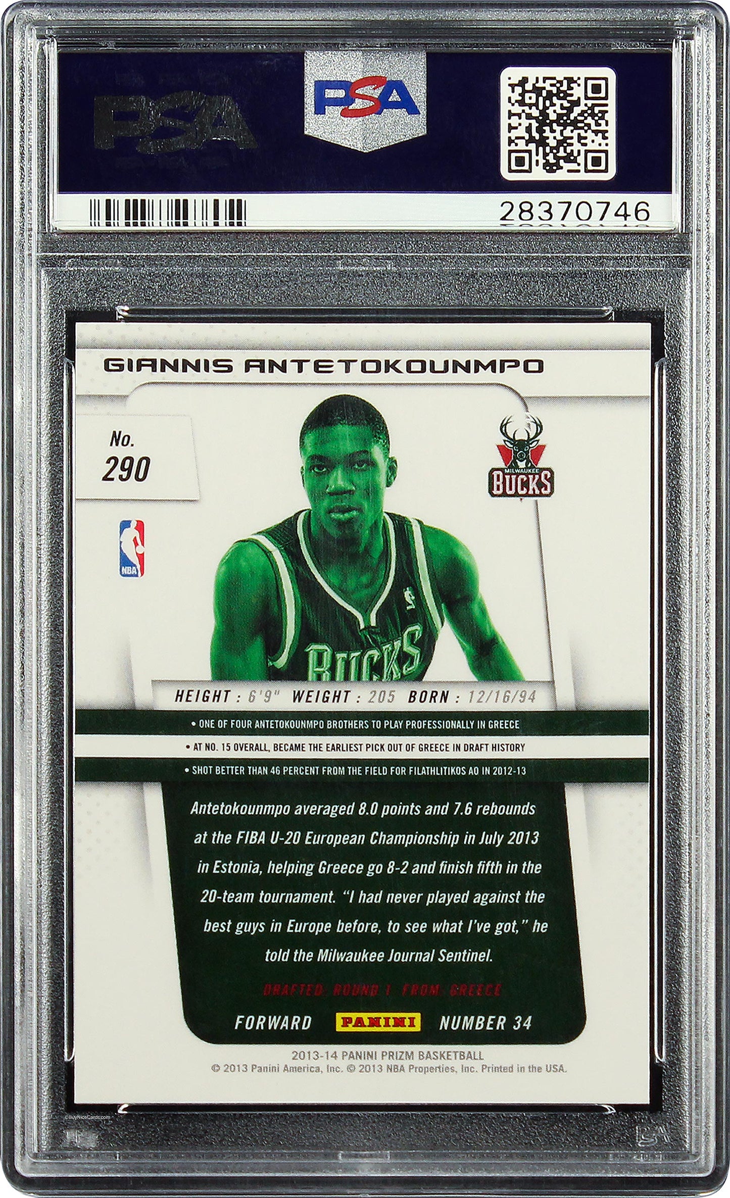 2013 Giannis Antetokounmpo Panini Prizm Base Rc Rookie #290 Psa 10 Gem Mint