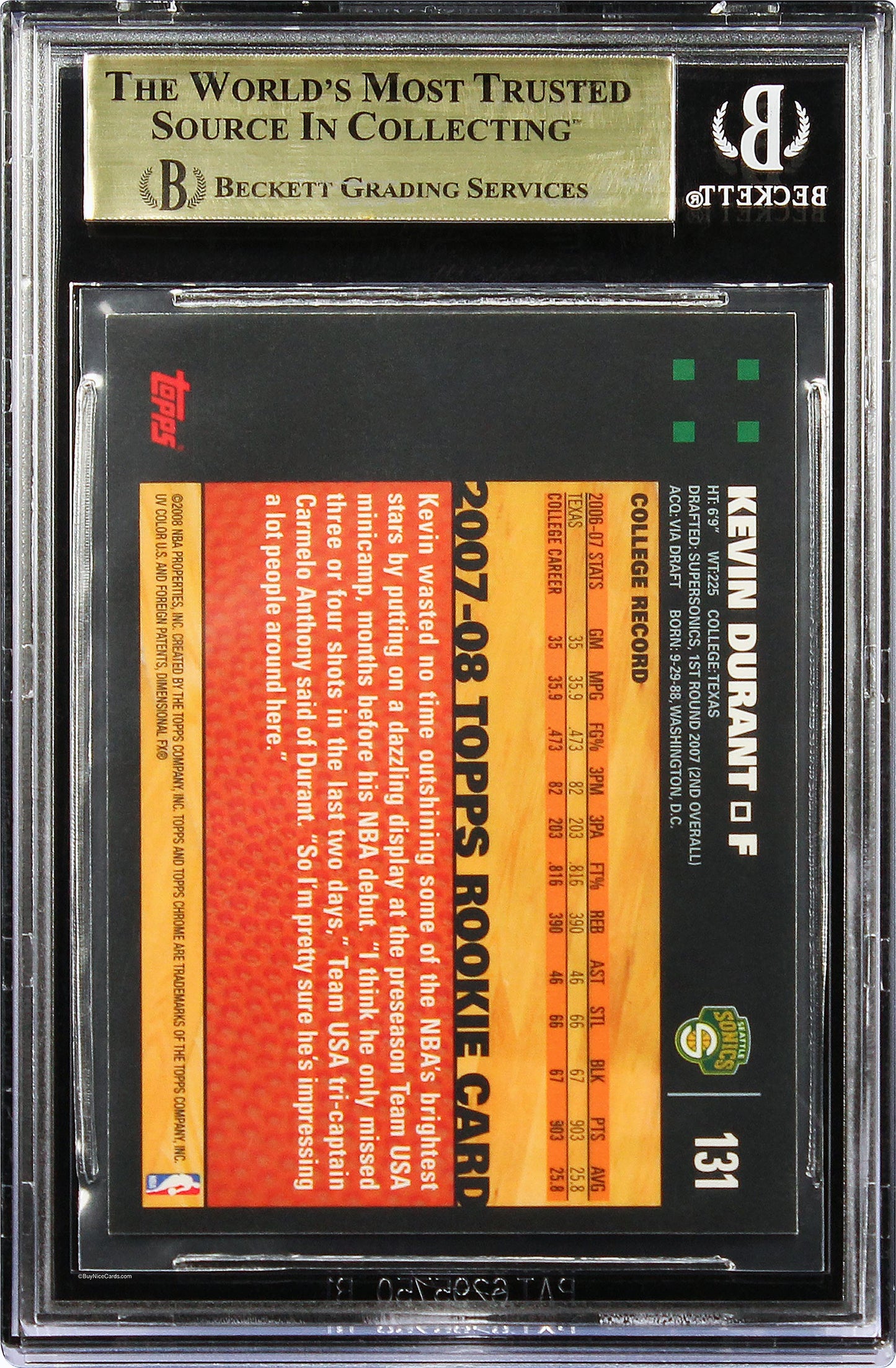 2007-08 Kevin Durant Topps Chrome Rc Rookie #131 BGS 9.5 Gem Mint