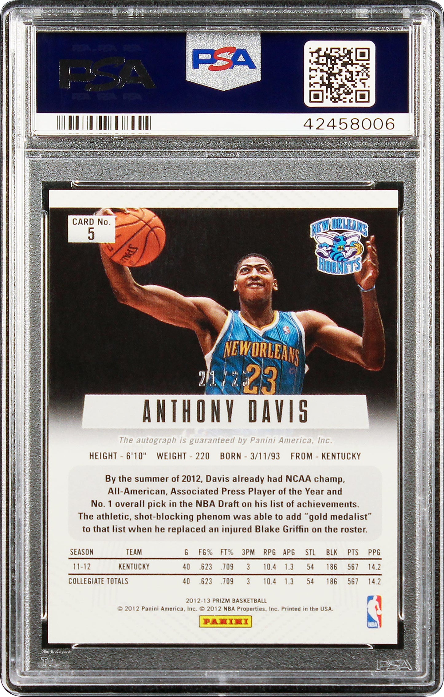 2012 Anthony Davis Panini Prizm Silvers Prizms Rc Rookie Auto /25 #5 Psa 10 10