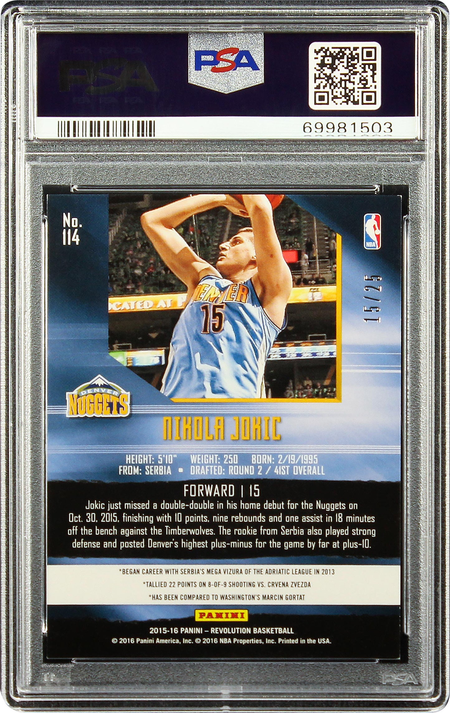 2015 Nikola Jokic Panini Revolution Futura RC Jersey Number 15/25 #114 PSA 8