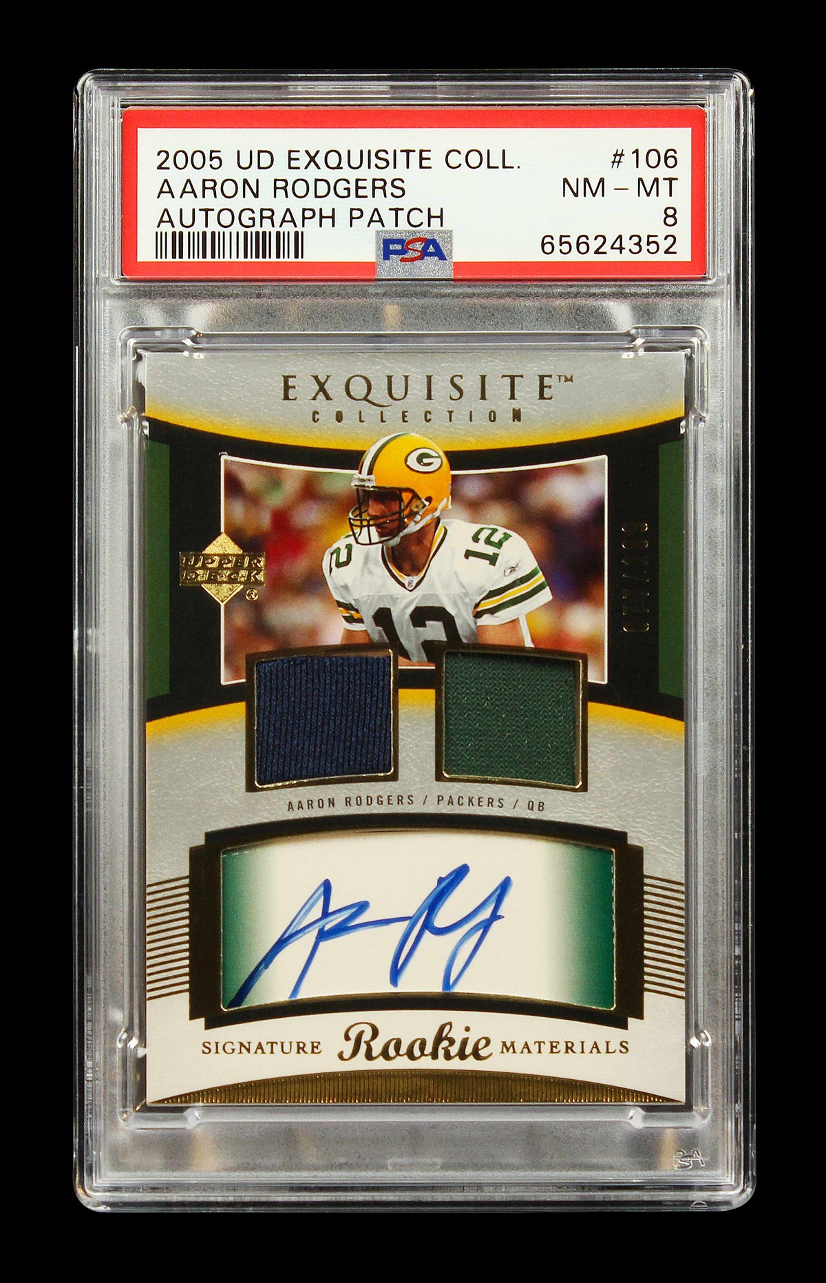 2005 Aaron Rodger Upper Deck Exquisite Collection RC Rookie Patch Auto /99 #106 PSA 8 NM-MT