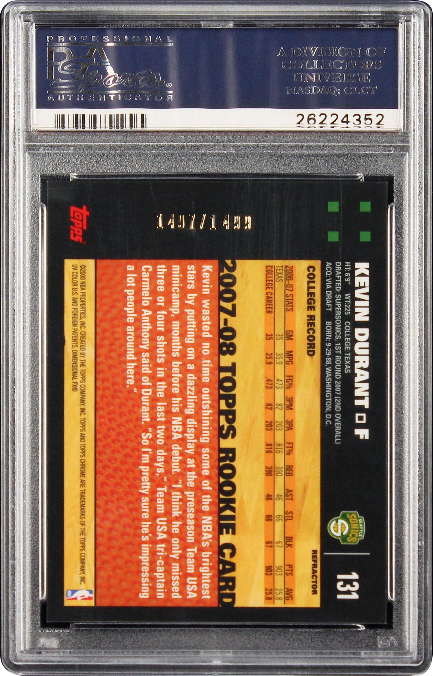 2007-08 Kevin Durant Topps Chrome Refractor Rc Rookie /1499 #131 Psa 10