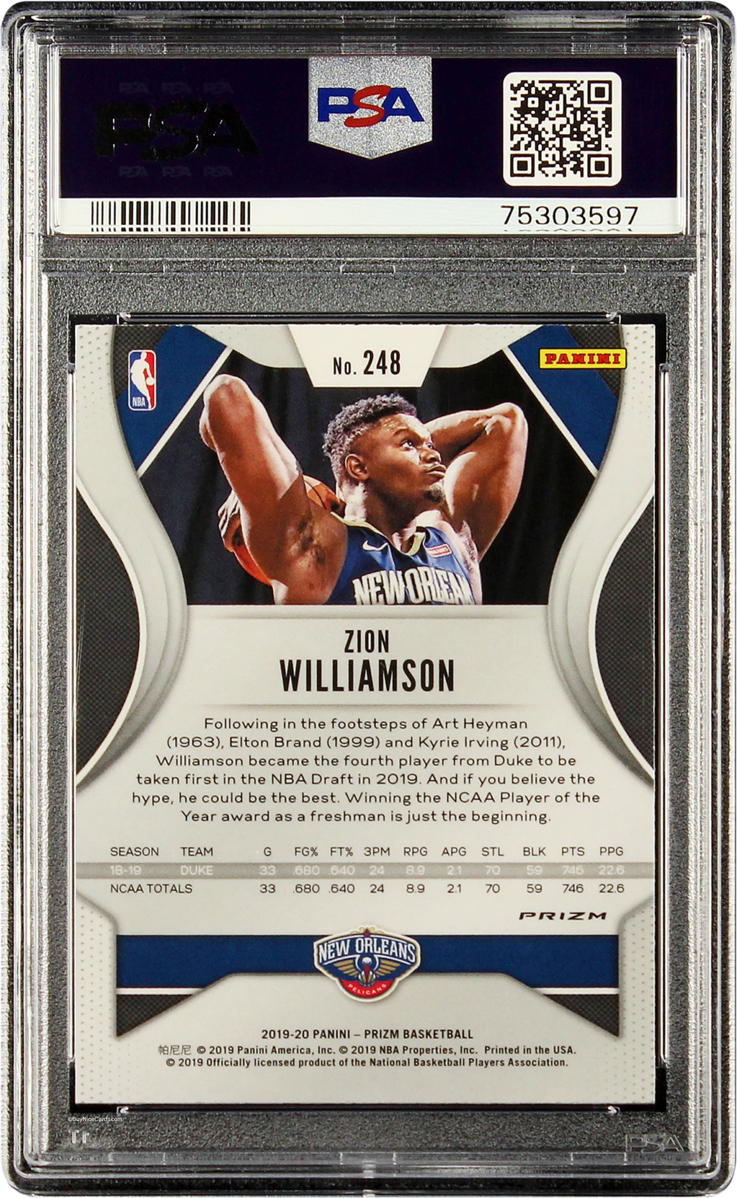 2019 Zion Williamson Panini Prizm Silver Prizms Refractor Rc Rookie #248 Psa 9