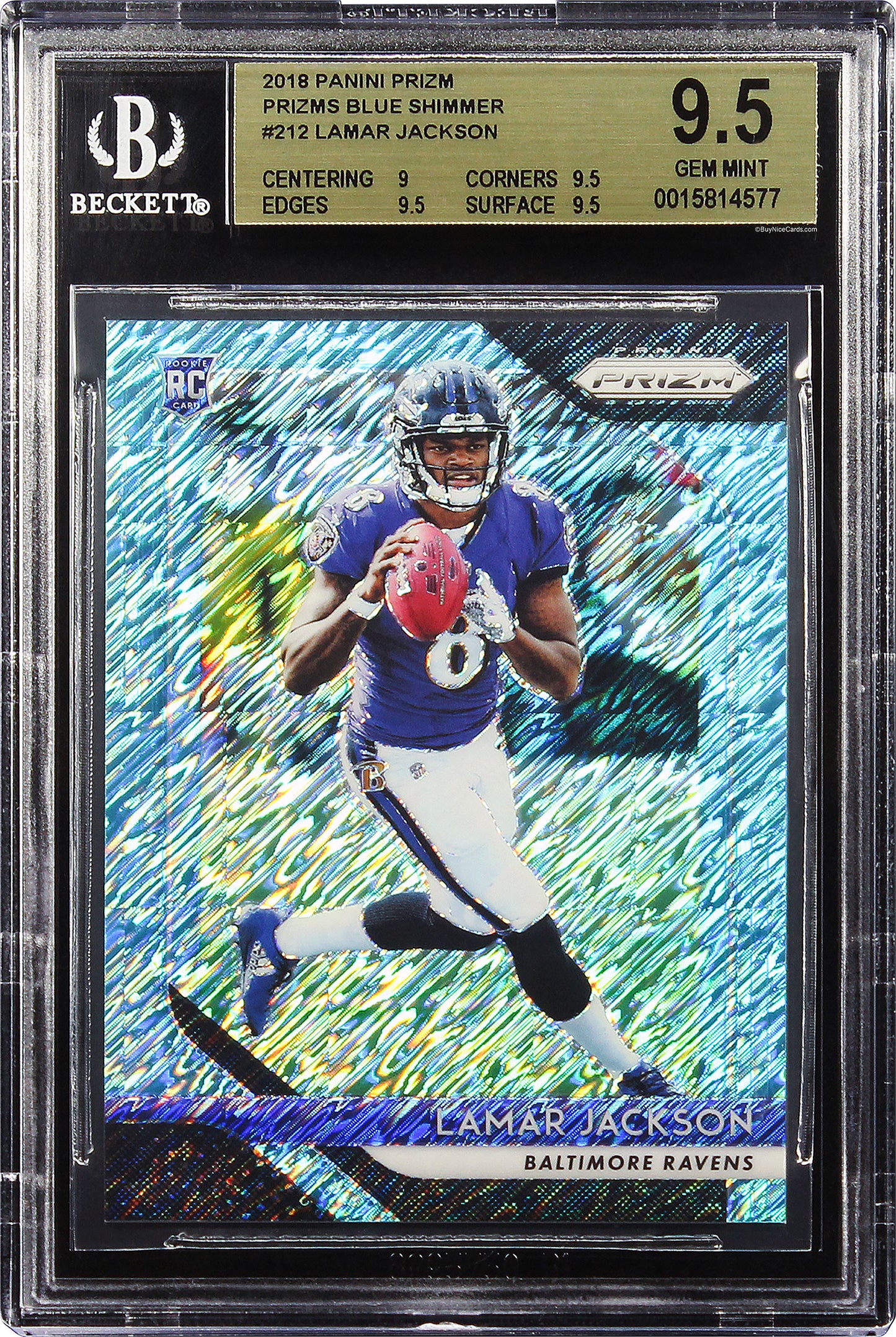 2018 Lamar Jackson Panini Prizm Blue Shimmer Prizms Sp Rc Rookie /9 #212 Bgs 9.5