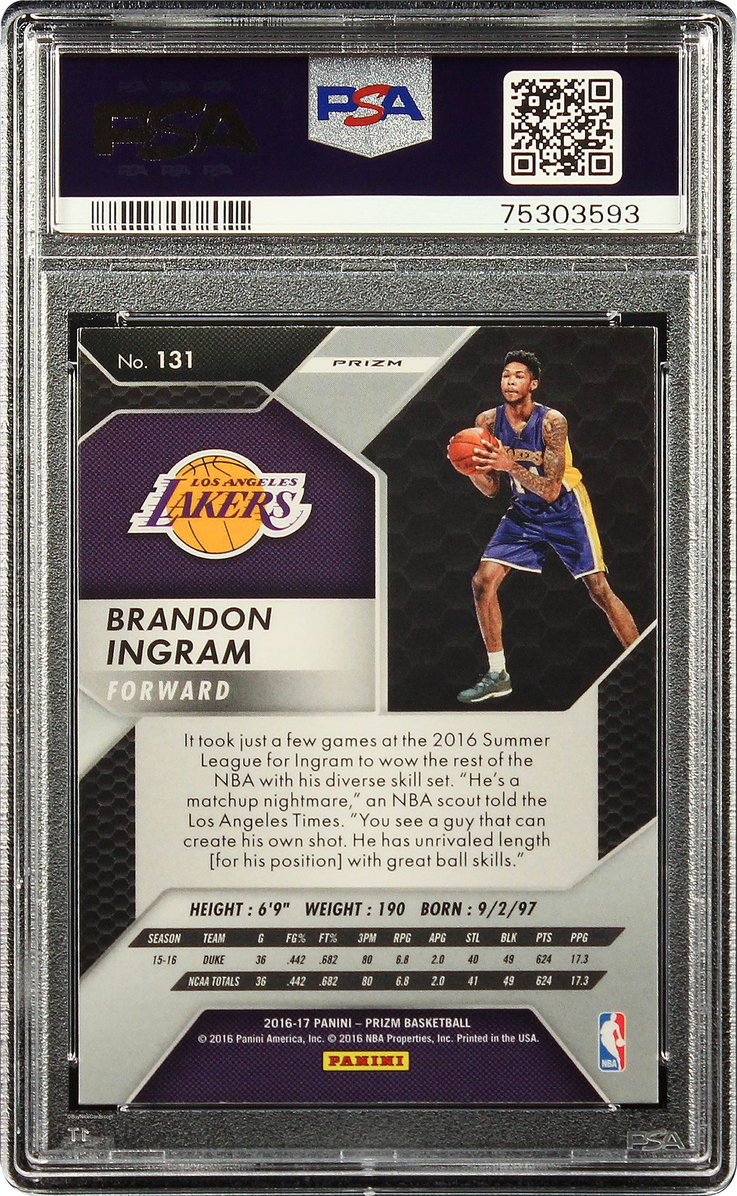 2016 Brandon Ingram Panini Prizm Silver Prizms Refractor SP RC Rookie #131 PSA 9