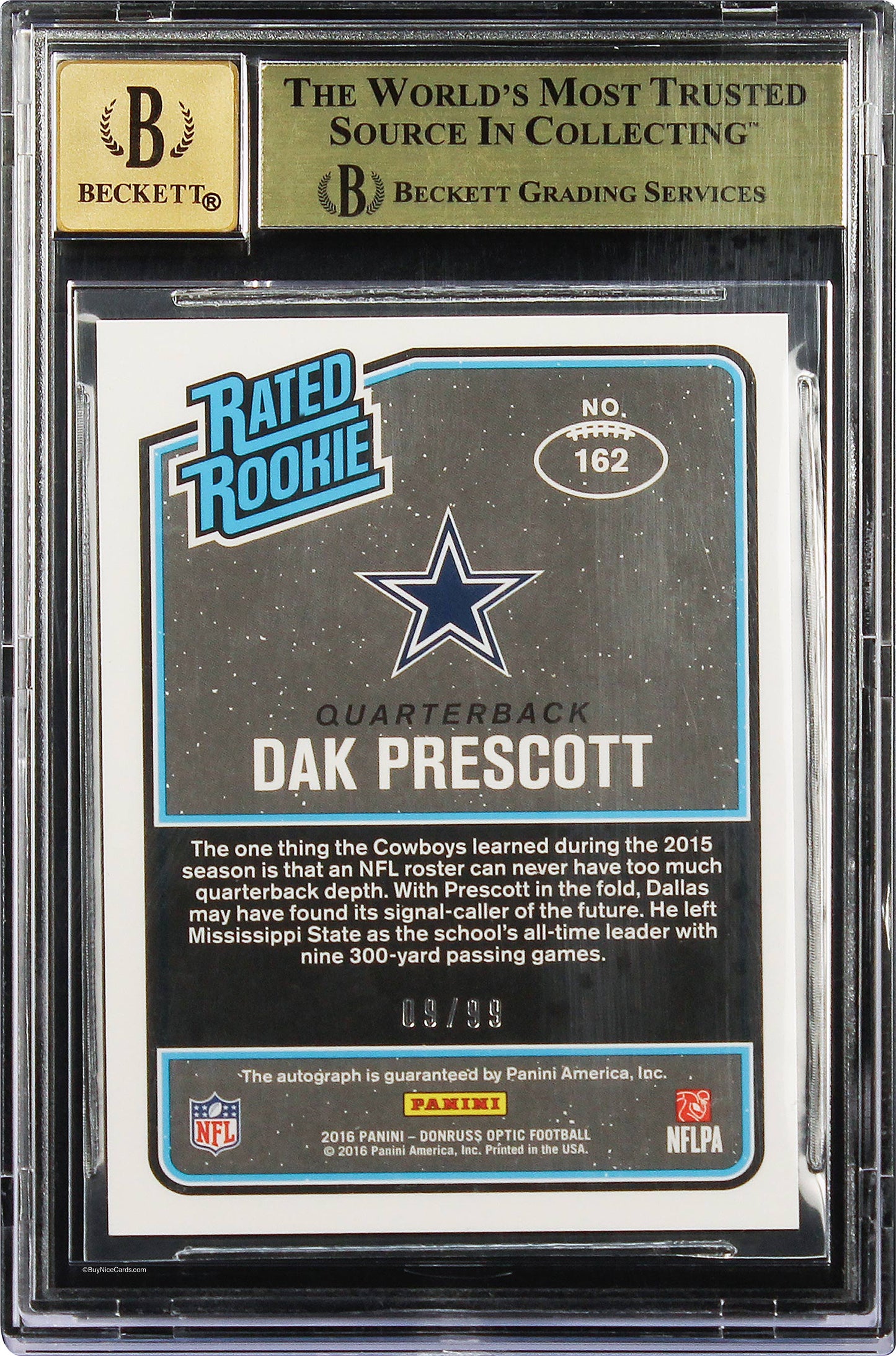 2016 Dak Prescott Donruss Optic Rated Rookies Holo Prizm RC Auto #162 BGS 9.5