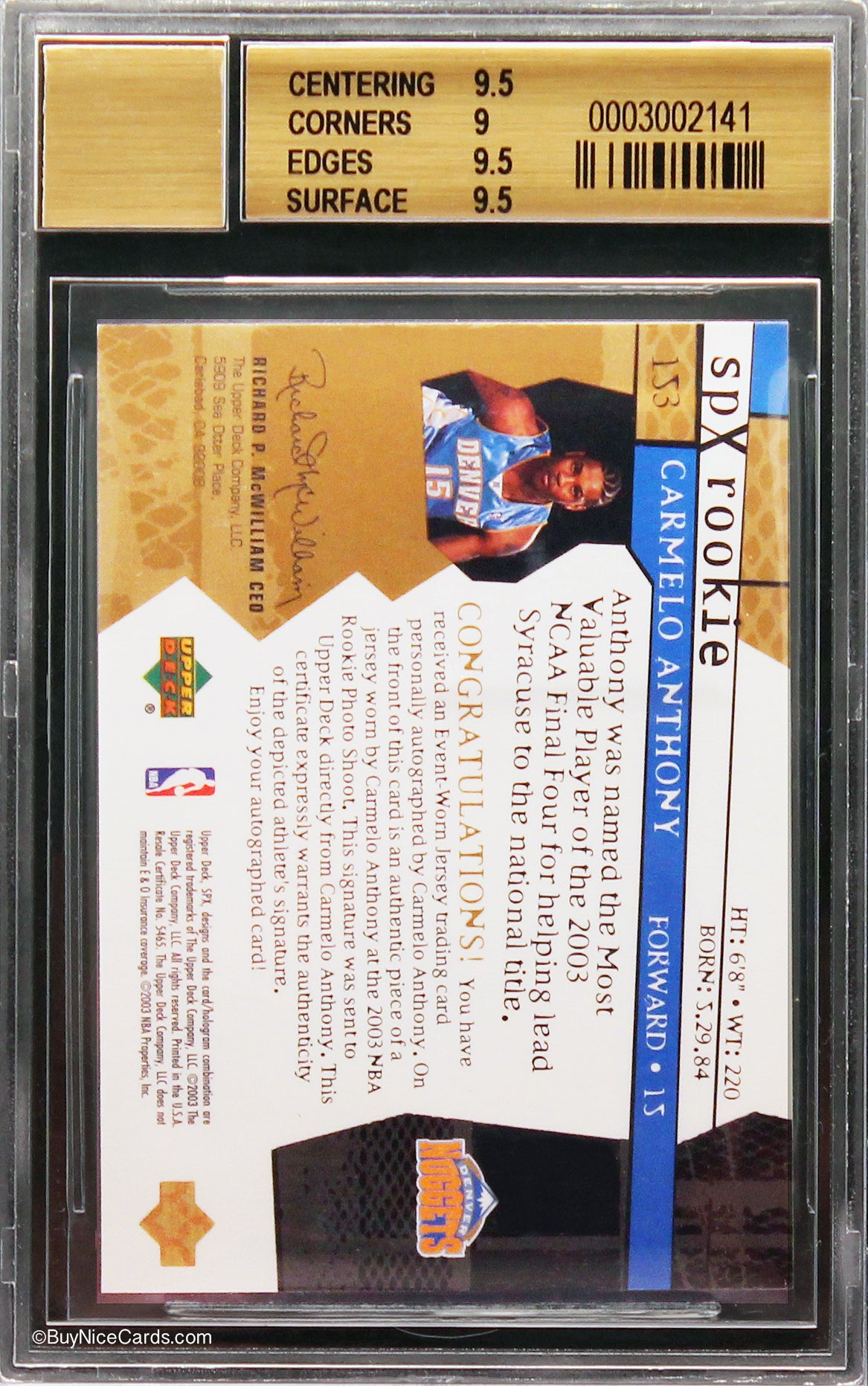 2003-04 Carmelo Anthony SPX Spectrum Patch Auto /25 BGS 9.5 / 9