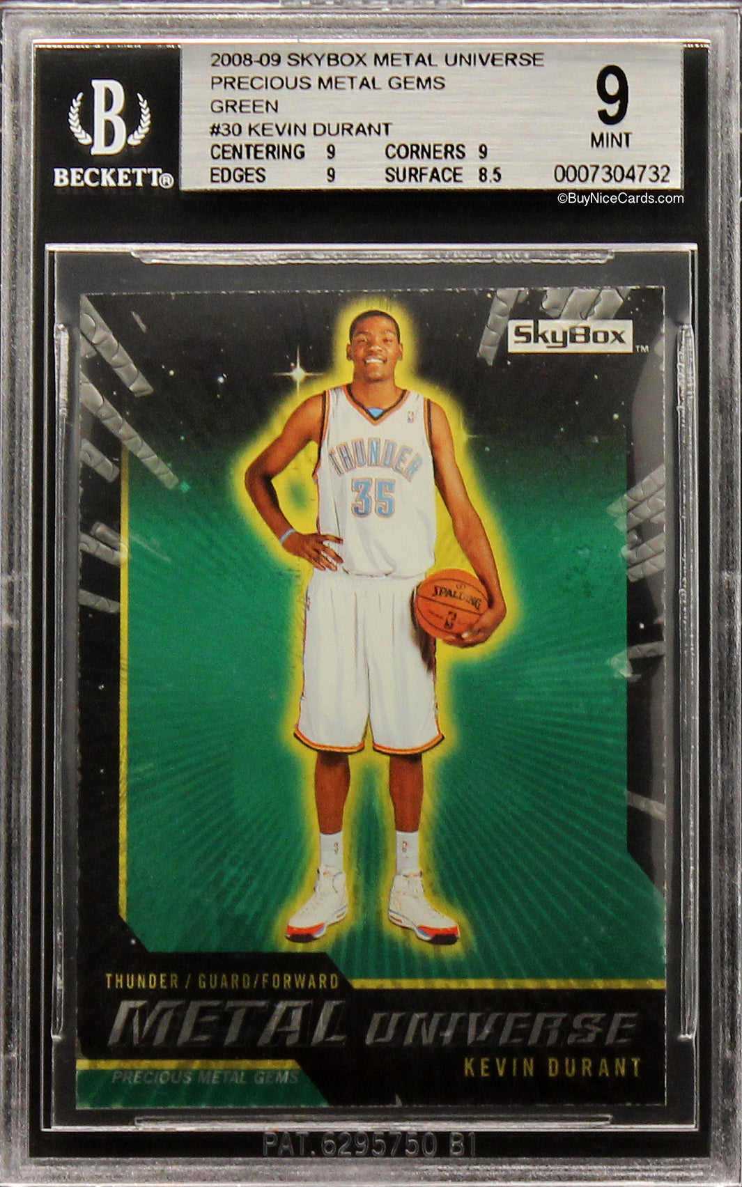 2008-09 Kevin Durant Skybox Metal Universe Precious Metal Gems PMG Green /50 BGS 9