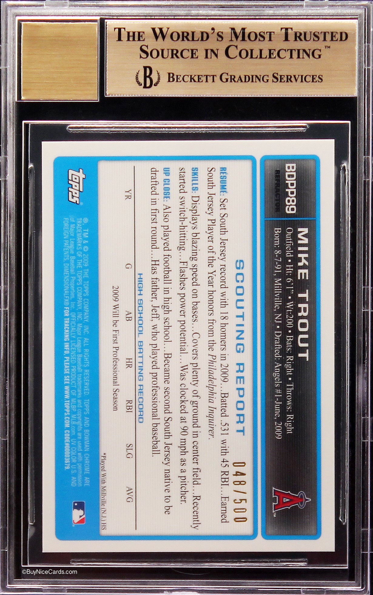 2009 Mike Trout Bowman Chrome Refractor RC Rookie Auto /500 BGS 9.5 / 10