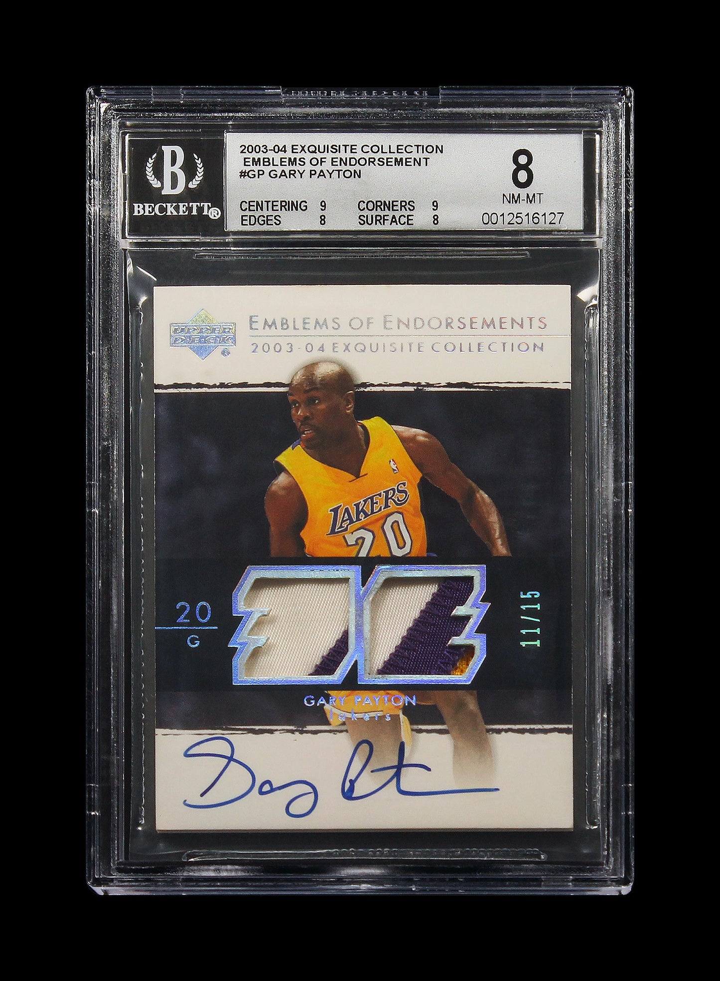 2003-04 Gary Payton UD Exquisite Emblems of Endorsement Patch Auto /15 #GP BGS 8