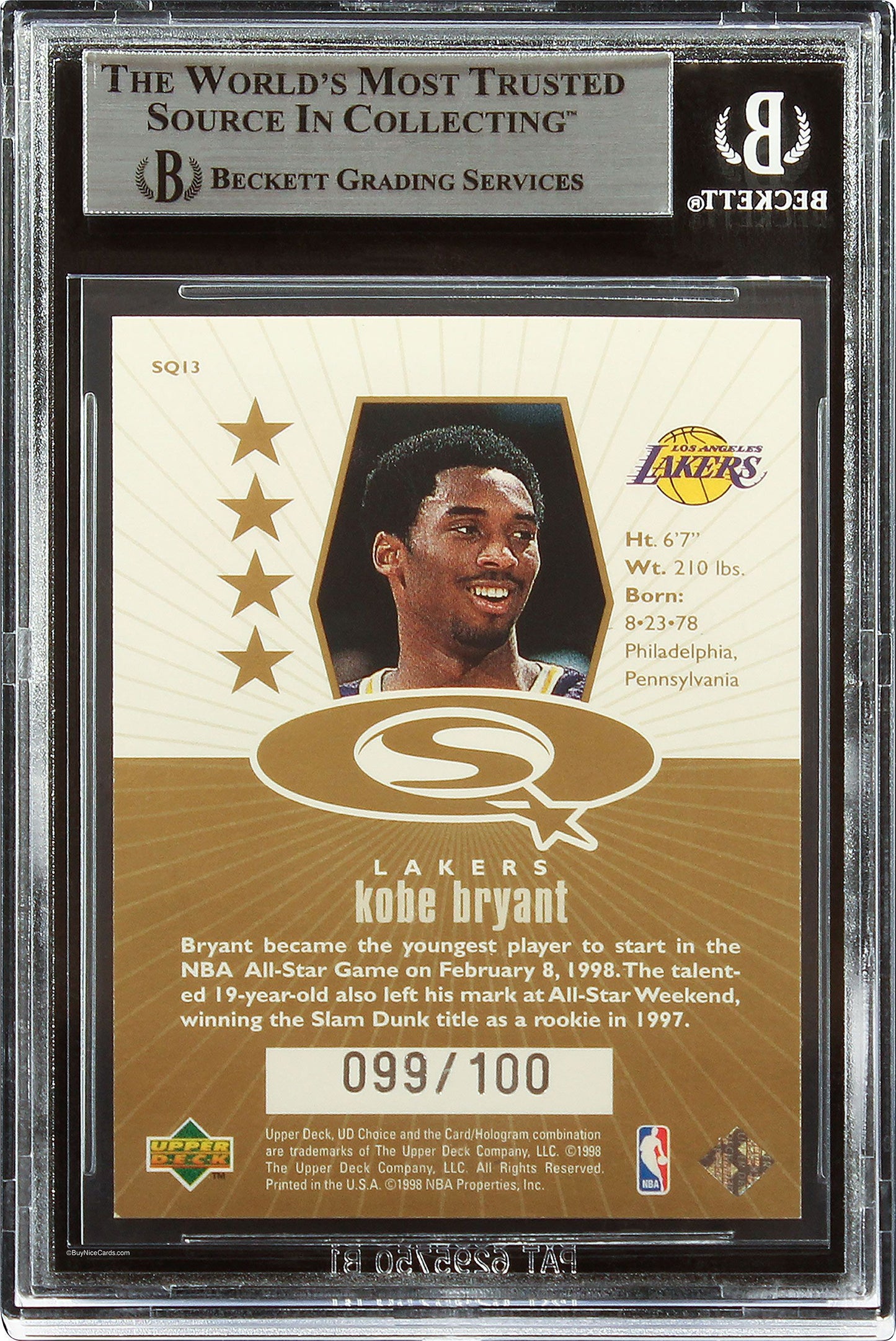1998-99 Kobe Bryant Upper Deck Choice Starquest Gold /100 #SQ13 BGS 8.5 Low Pop