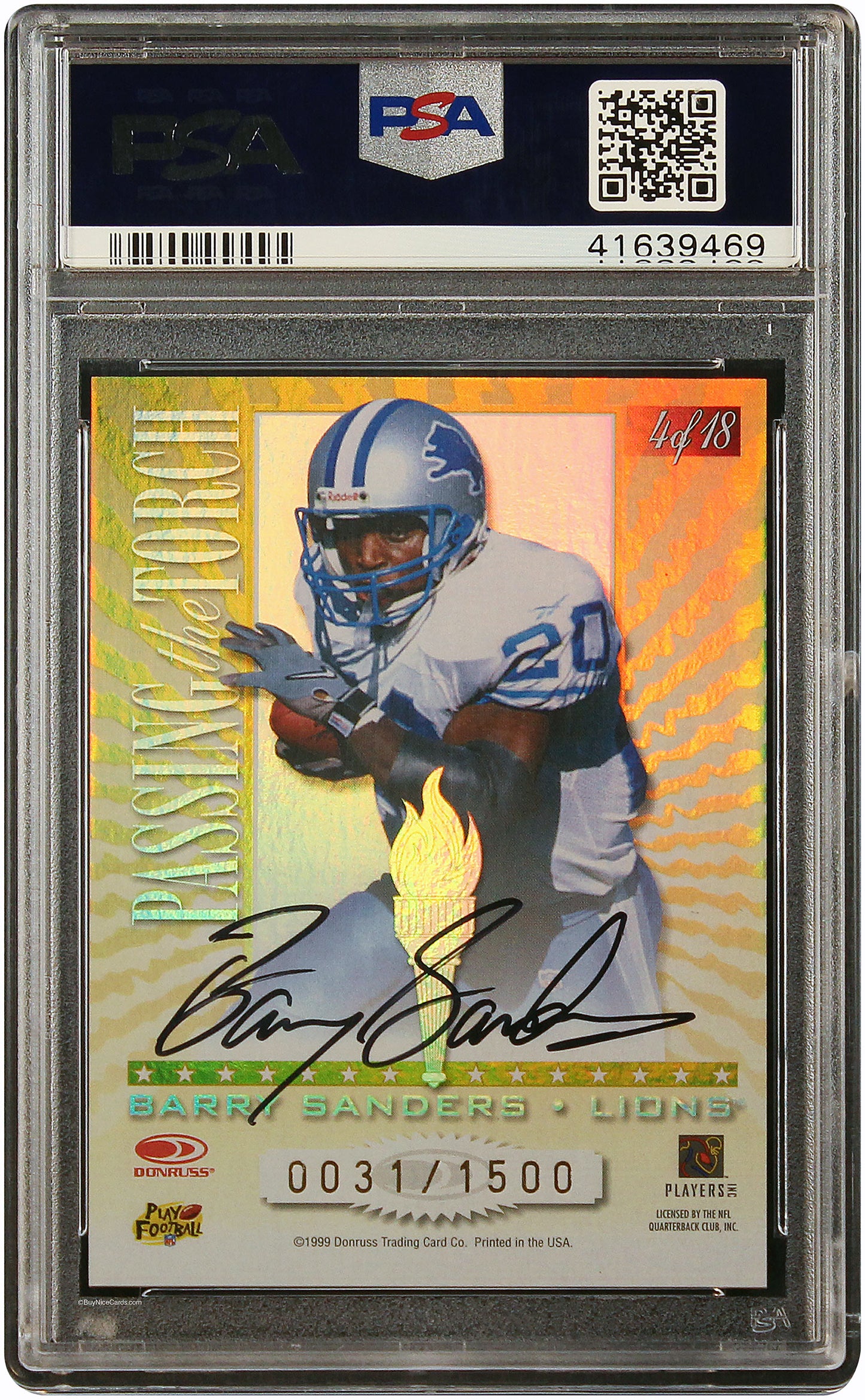 1999 Barry Sanders Walter Payton Donruss Elite Passing the Torch Auto #4 PSA 10