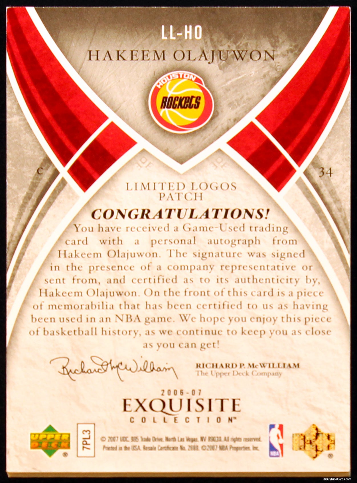 2006 Hakeem Olajuwon Upper Deck Exquisite Limited Logos Patch Auto /50 # LL-HO