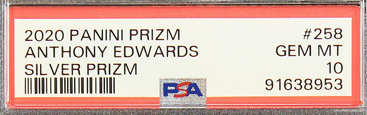 2020 Anthony Edwards Panini Prizm Silver Prizms RC Rookie #258 PSA 10 Gem Mint