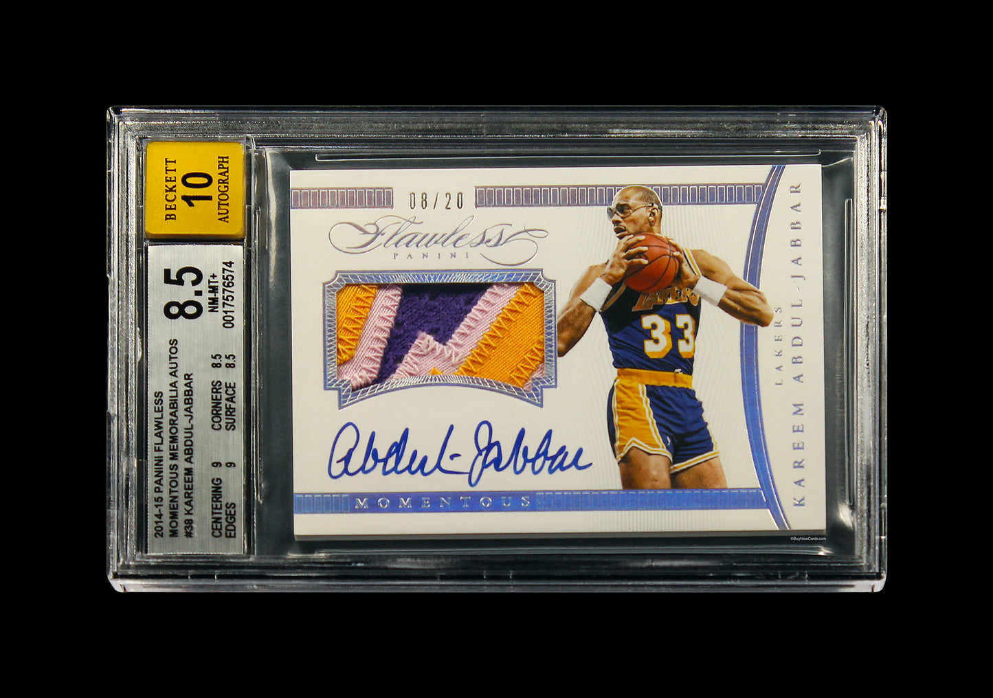 2014 Kareem Abdul-Jabbar Panini Flawless Momentous Patch Auto # 38 BGS 8.5