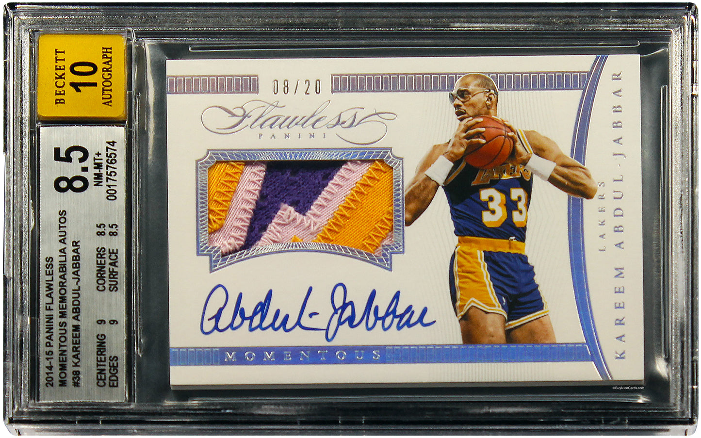 2014 Kareem Abdul-Jabbar Panini Flawless Momentous Patch Auto # 38 BGS 8.5