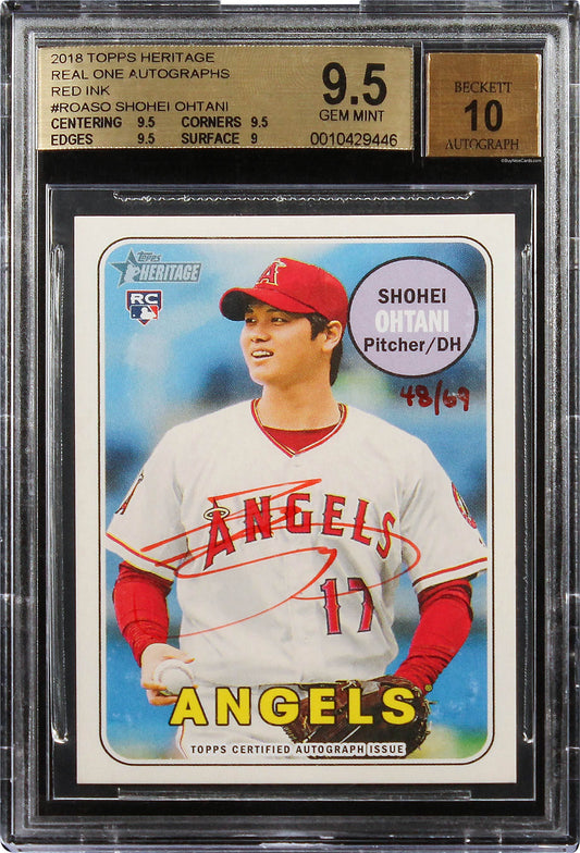 2018 Shohei Ohtani Topps Heritage Real One Red Ink Auto /69 #ROASO BGS 9.5 / 10
