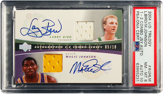2004 Magic Johnson Larry Bird UD Trilogy 1-2 Combo Jersey Auto #AUHLM PSA 8