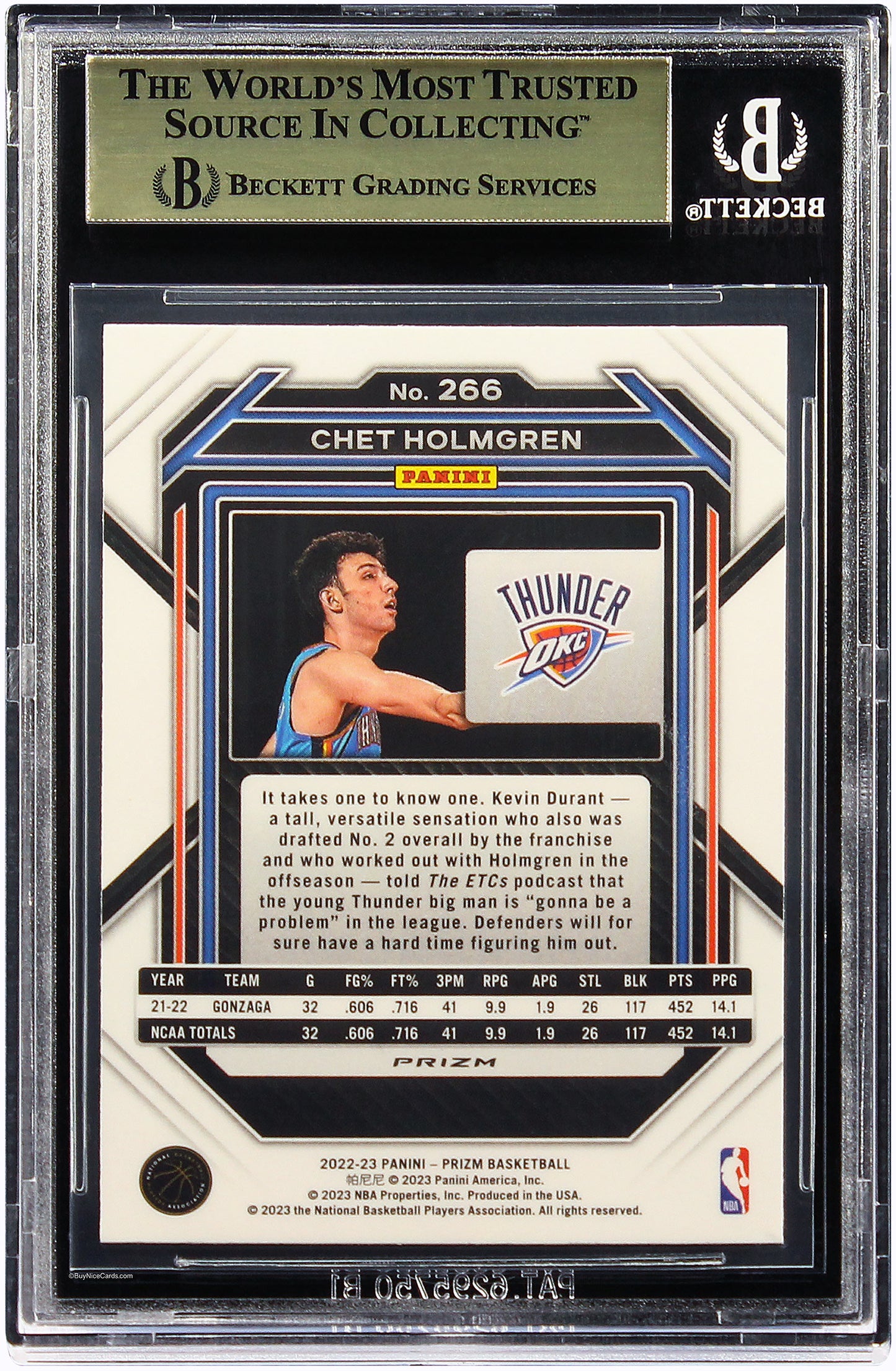2022 Chet Holmgren Panini Prizm Silver Prizm RC Rookie # 266 BGS 9.5 Gem Mint