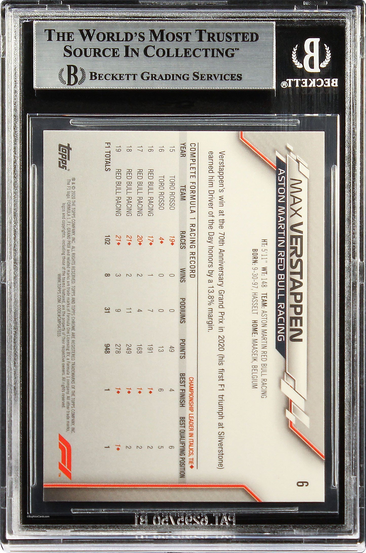 2020 Max Verstappen Topps Chrome Formula 1 F1 Sapphire SP Variation #6 BGS 9