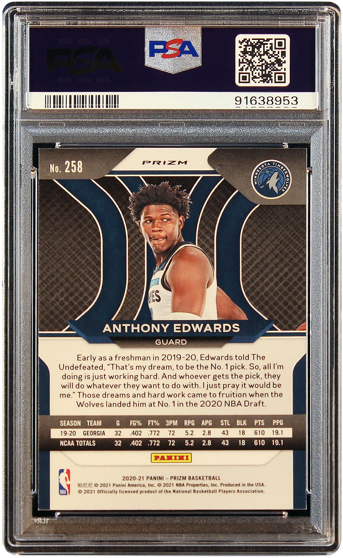 2020 Anthony Edwards Panini Prizm Silver Prizms RC Rookie #258 PSA 10 Gem Mint