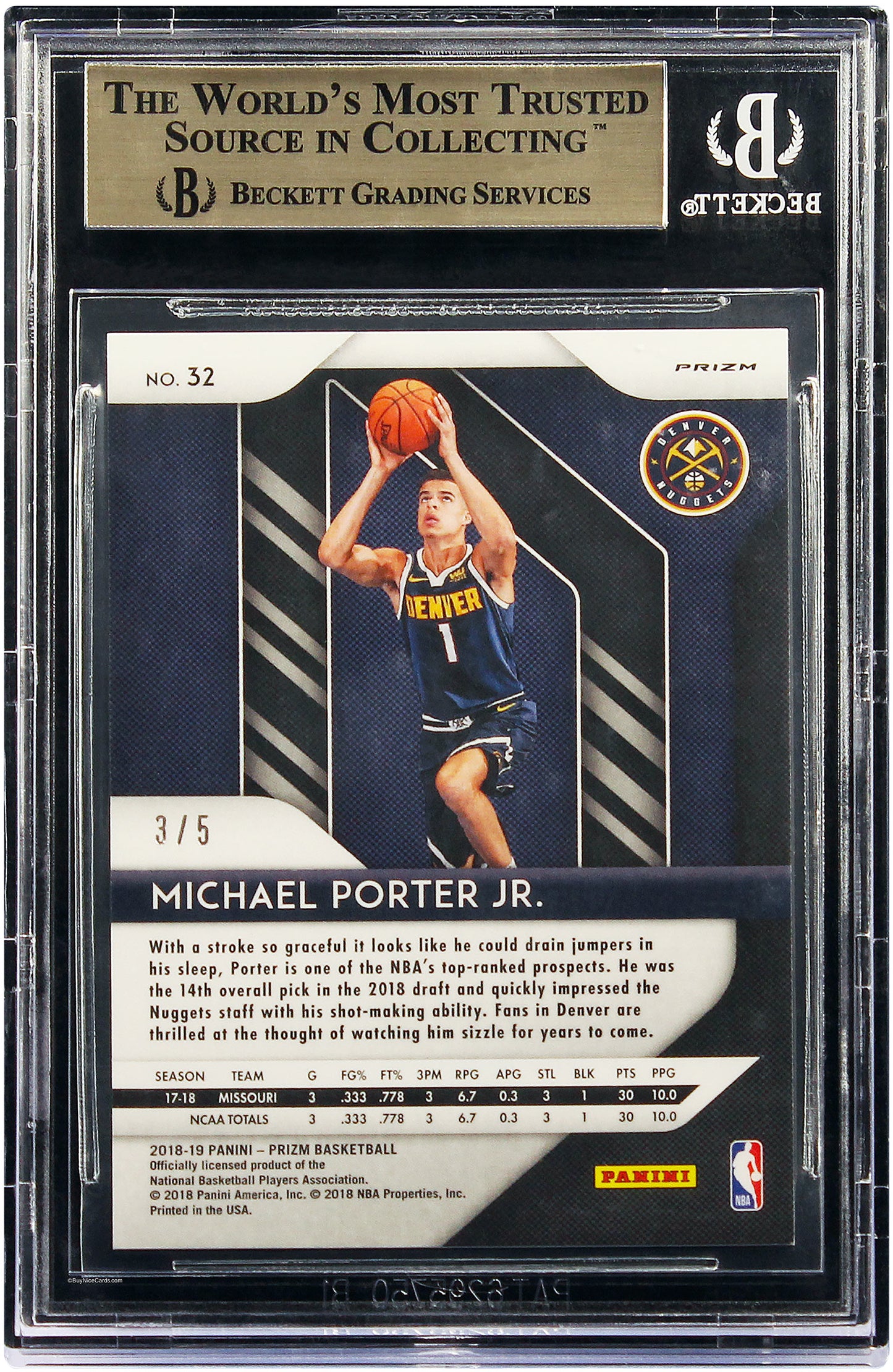 2018 Michael Porter Jr. Panini Prizm Black Gold Prizms /5 #32 BGS 9.5 Gem Mint