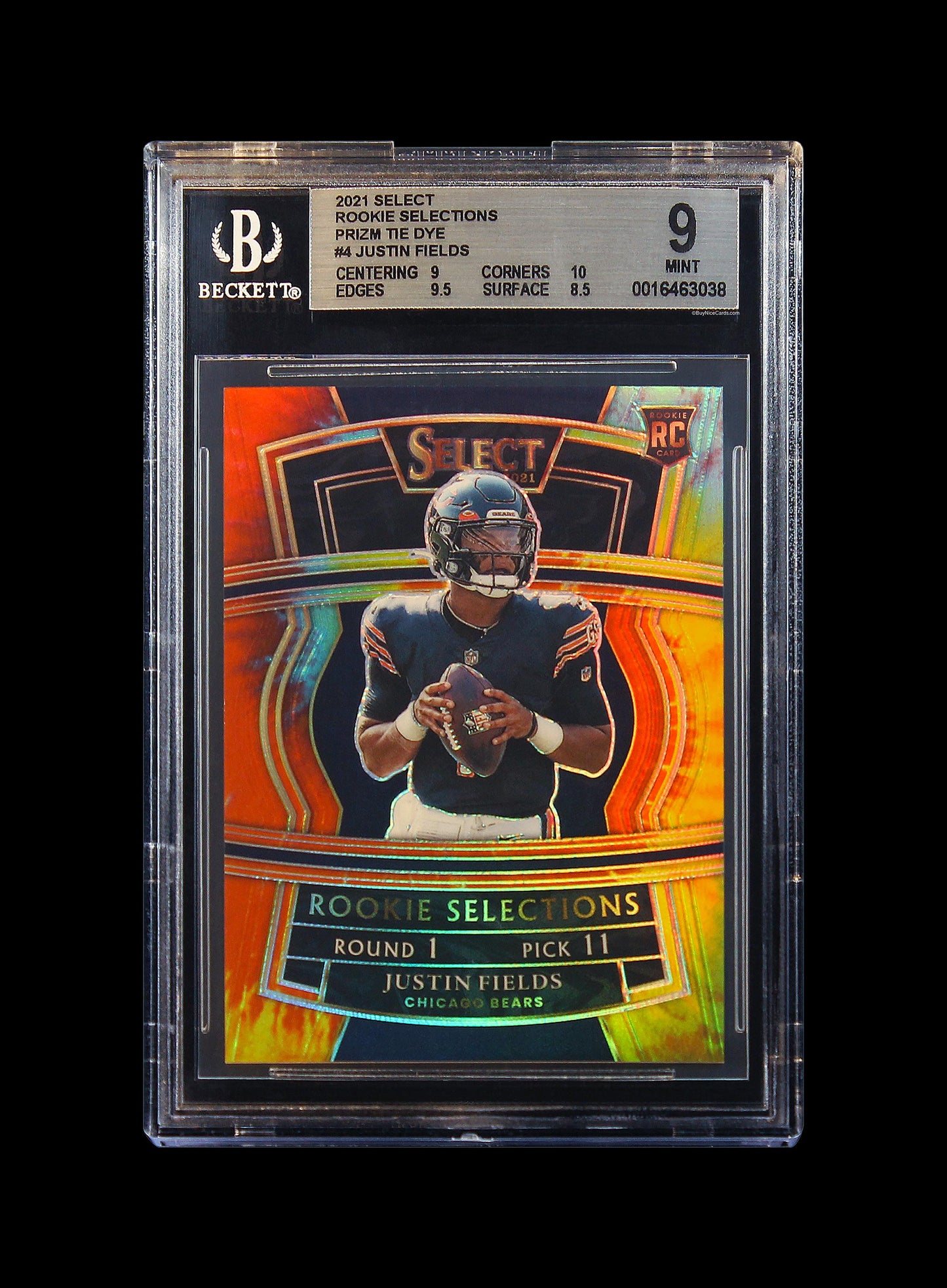 2021 Justin Fields Panini Select Rookie Selections Prizm Tie Dye RC /25 #4 BGS 9