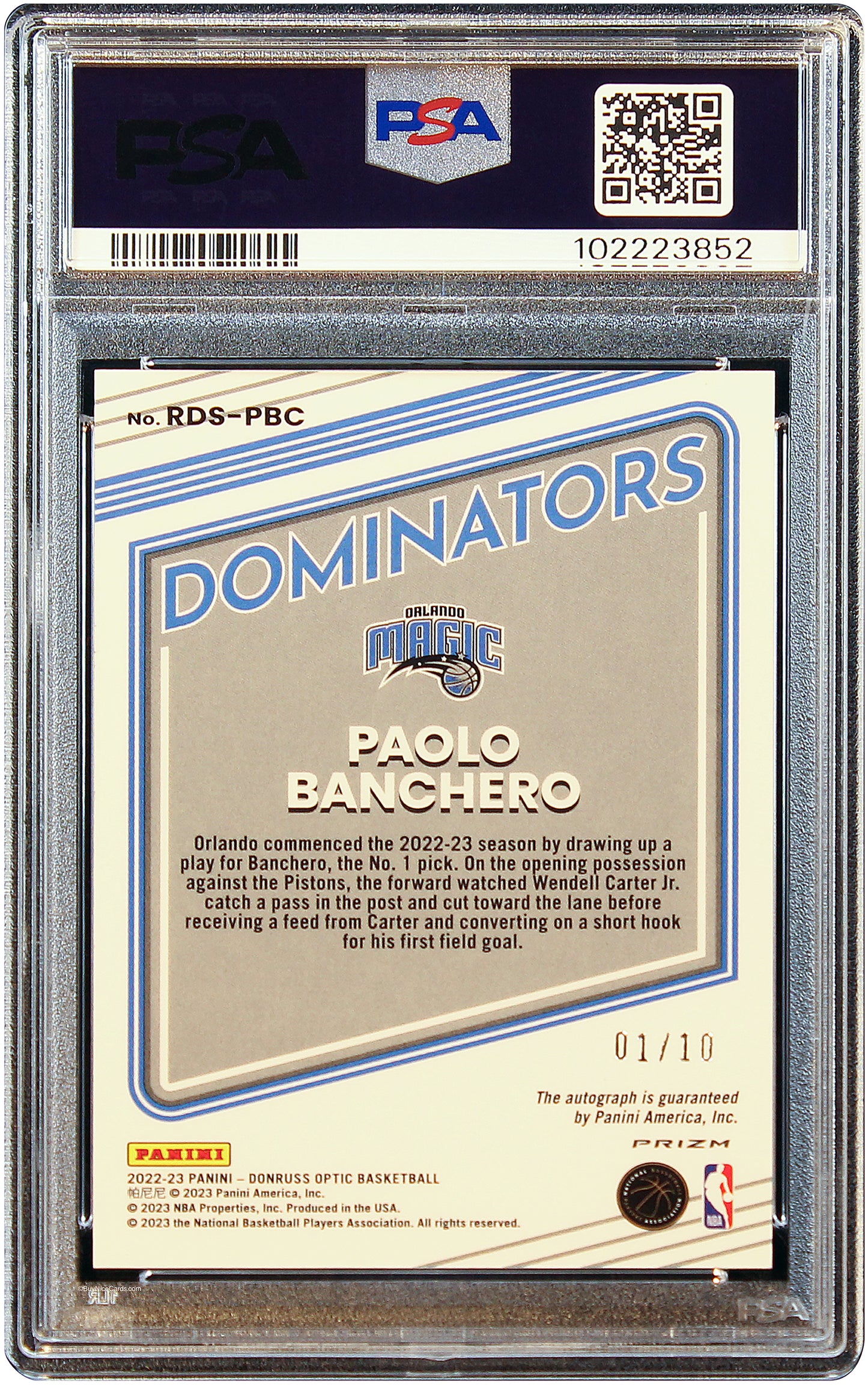 2022  Paolo Banchero Donruss Optic Dominators Gold Auto /10 #RDSPBC PSA 10
