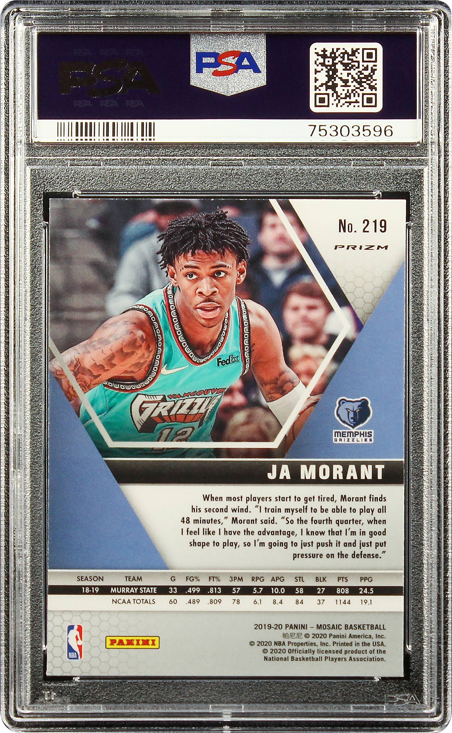 2019 Ja Morant Panini Mosaic Genesis Prizms SP RC Rookie #219 PSA 9 Mint