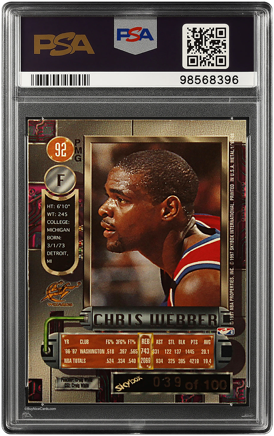 1997 Chris Webber Skybox Metal Universe Precious Metal Gems PMG Red /100 PSA
