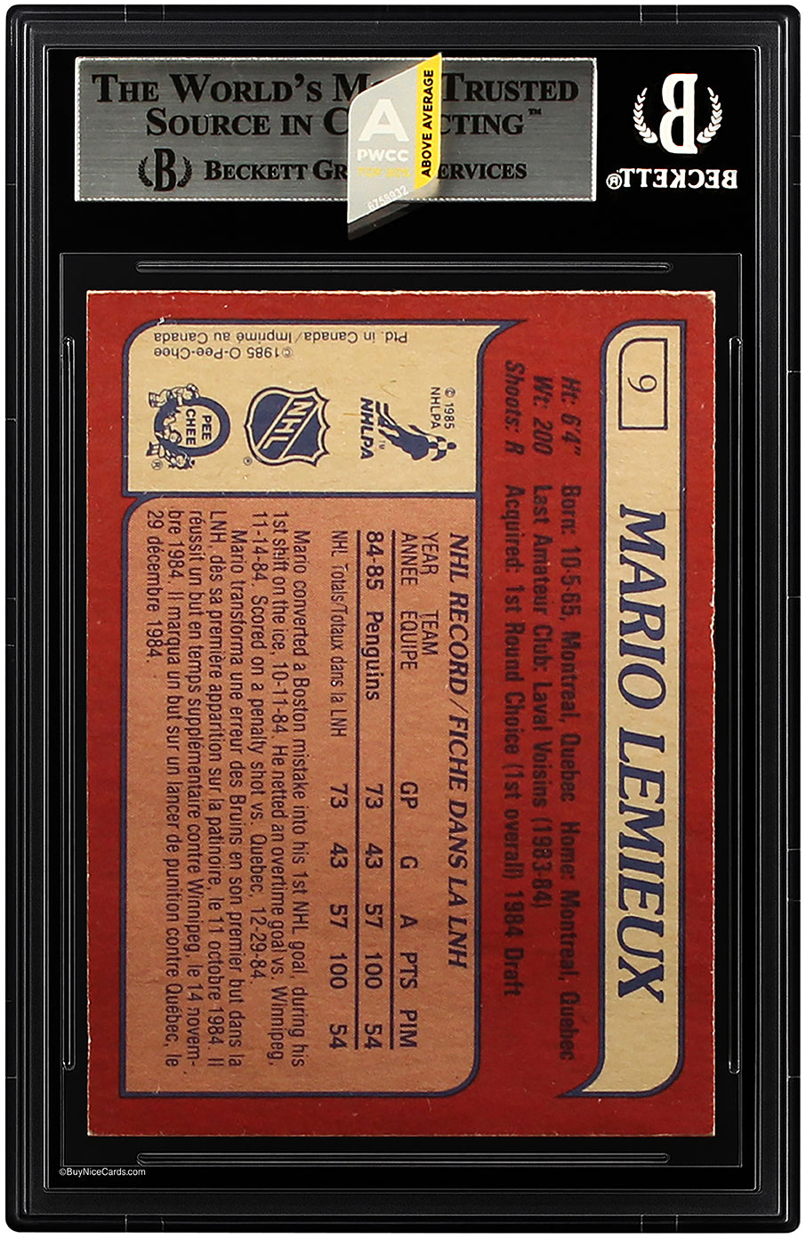 1985-86 Mario Lemieux O-Pee-Chee RC Rookie BGS 8.5 PWCC Top 30%