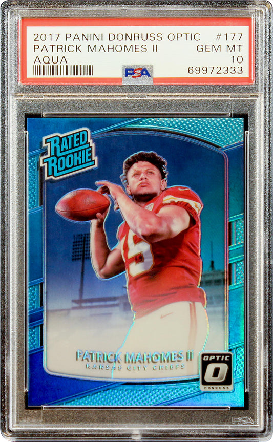 2017 Patrick Mahomes II Panini Donruss Optic Aqua RC Rookie /299 #177 PSA 10