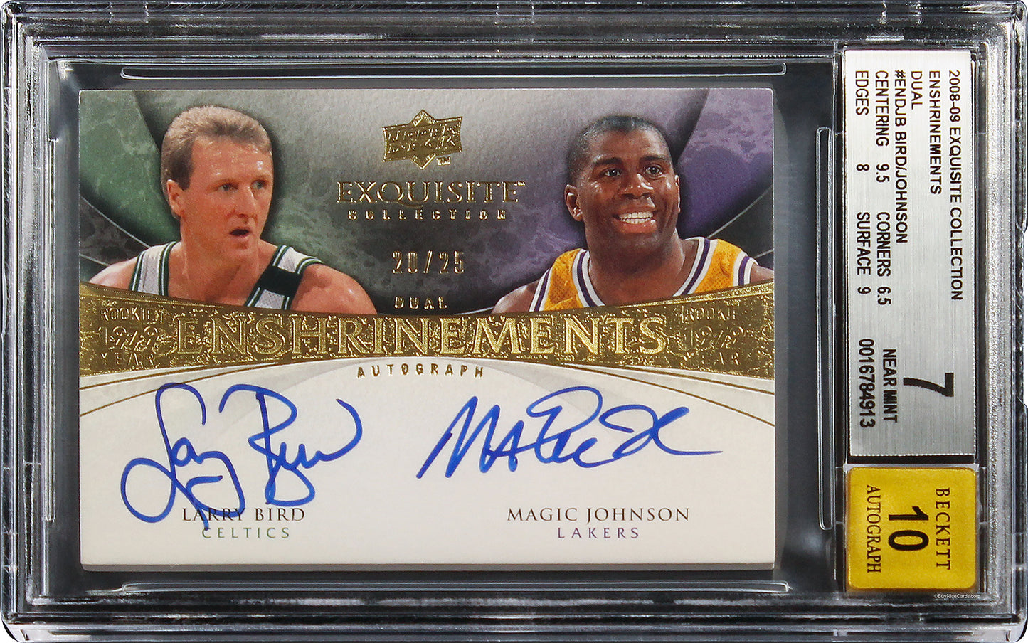 2008-08 Larry Bird Magic Johnson Upper Deck Exquisite Enshrinements Dual Auto /25 BGS 7 / 10