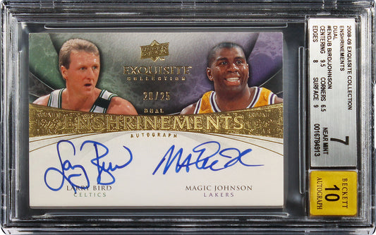 2008-08 Larry Bird Magic Johnson Upper Deck Exquisite Enshrinements Dual Auto /25 BGS 7 / 10