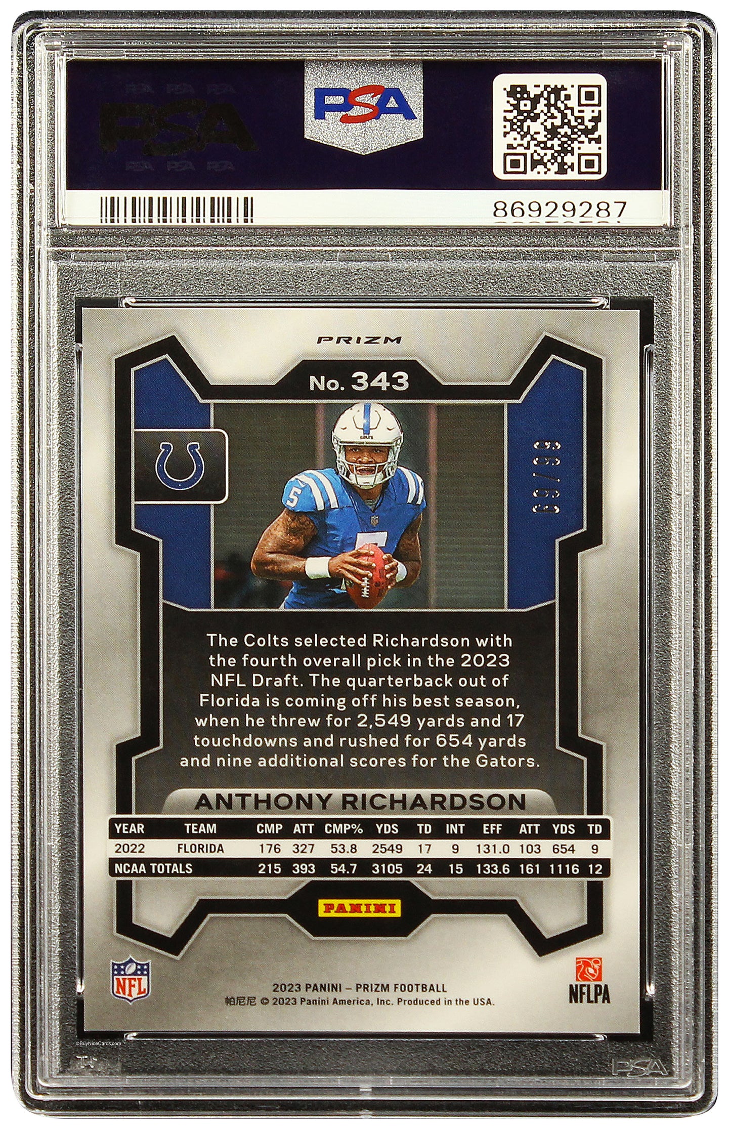 2023 Anthony Richardson Panini Prizm Blue Ice Prizms RC Rookie /99 PSA 10 Gem Mint
