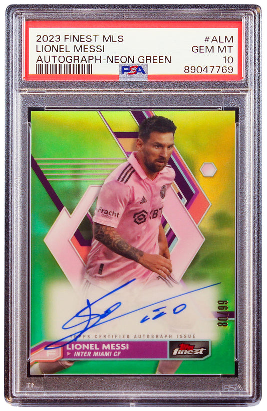2023 Lionel Messi Topps Finest Green Refractor on Card Auto /99 #ALM PSA 10 Gem Mint
